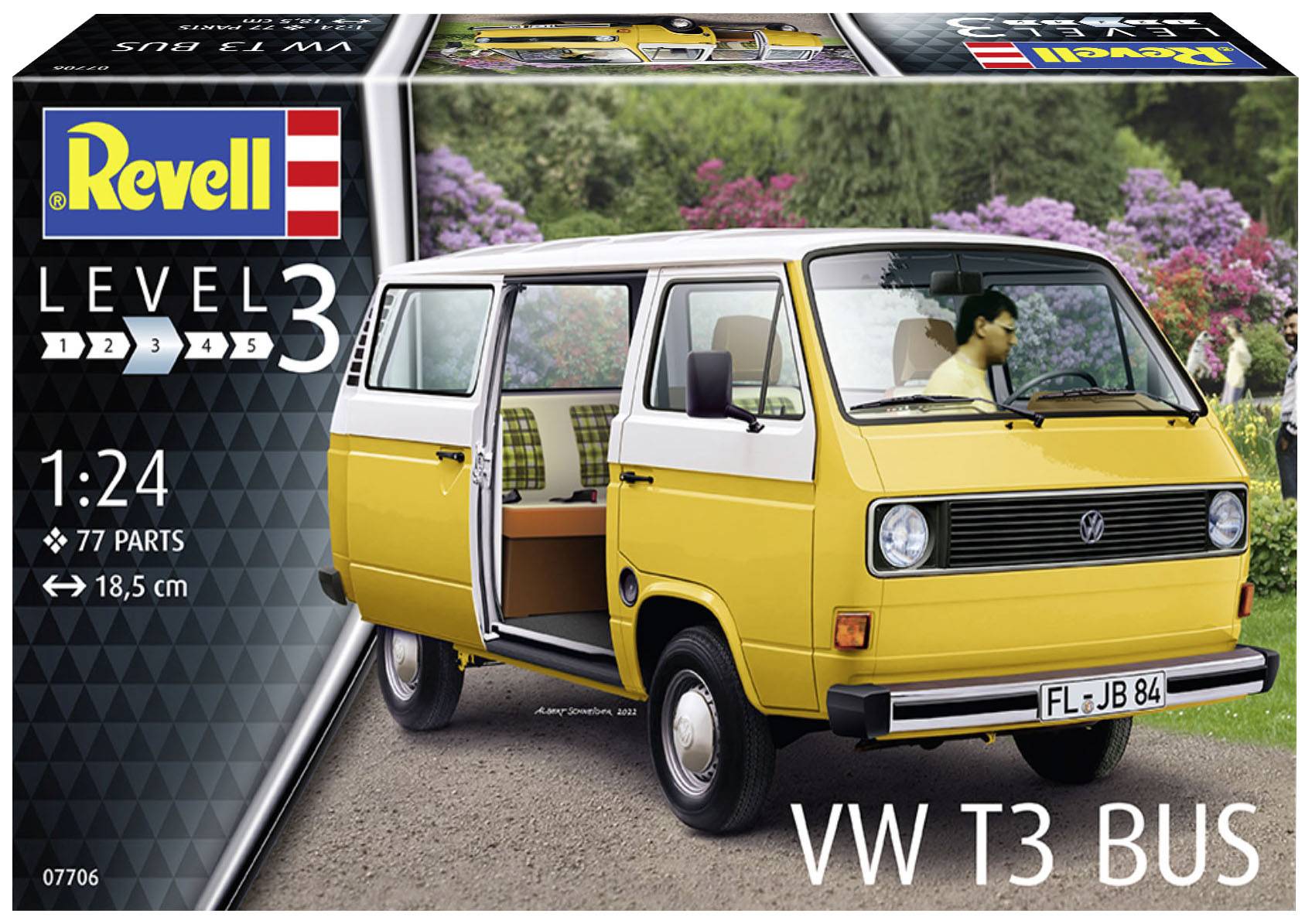 Maquette d'un van VW T3 jaune de Revell, à l'échelle 1:24, niveau 3, avec une porte latérale ouverte, entouré de fleurs en arrière-plan.