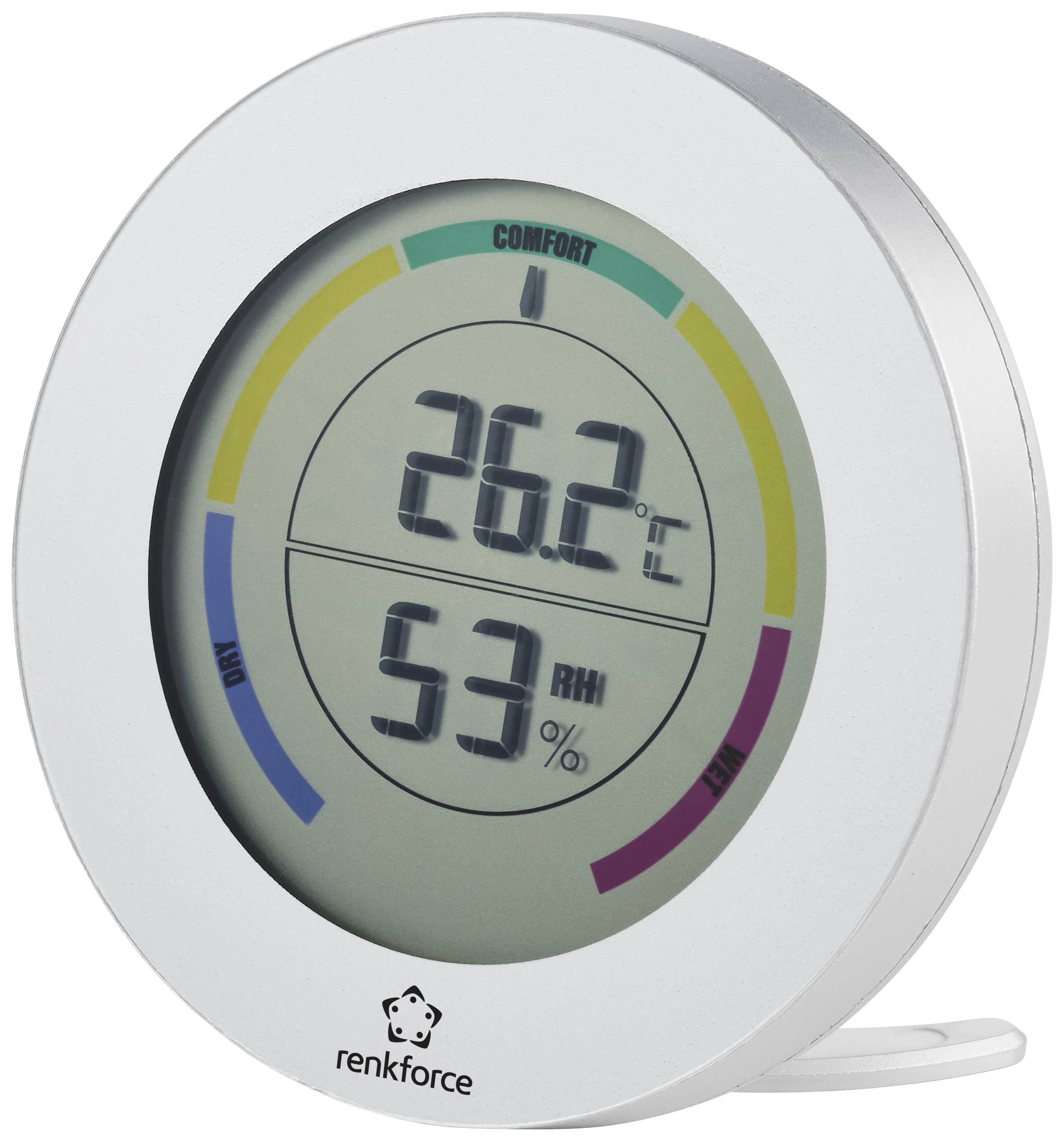 Hygromètre numérique de forme ronde affichant 26,2°C et 53% d'humidité relative, avec des zones de confort codées par couleur.