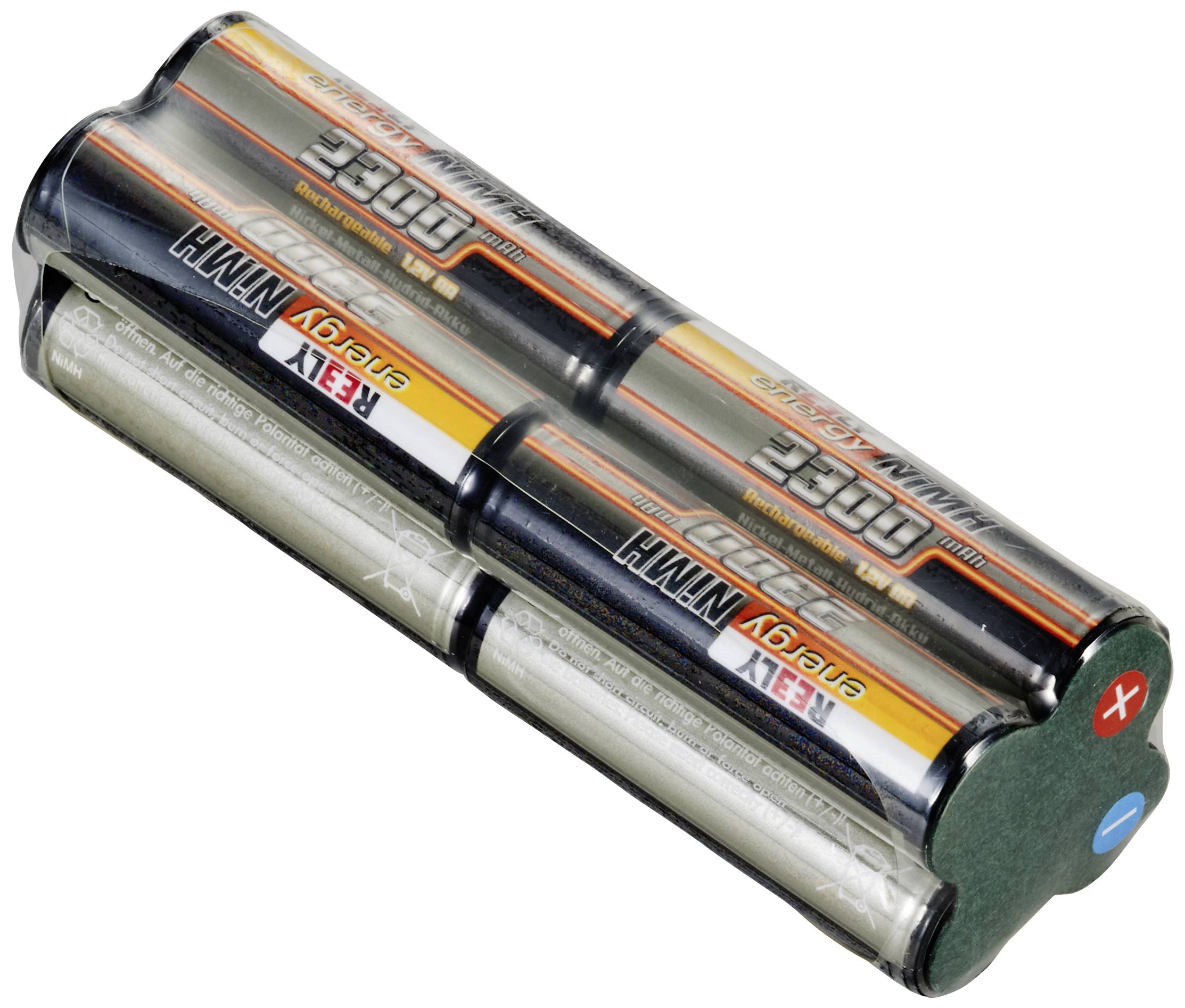 Quatre piles rechargeables AA NiMH montées en série avec une tension totale de 4,8 V. Les pôles positif et négatif sont clairement marqués aux extrémités.