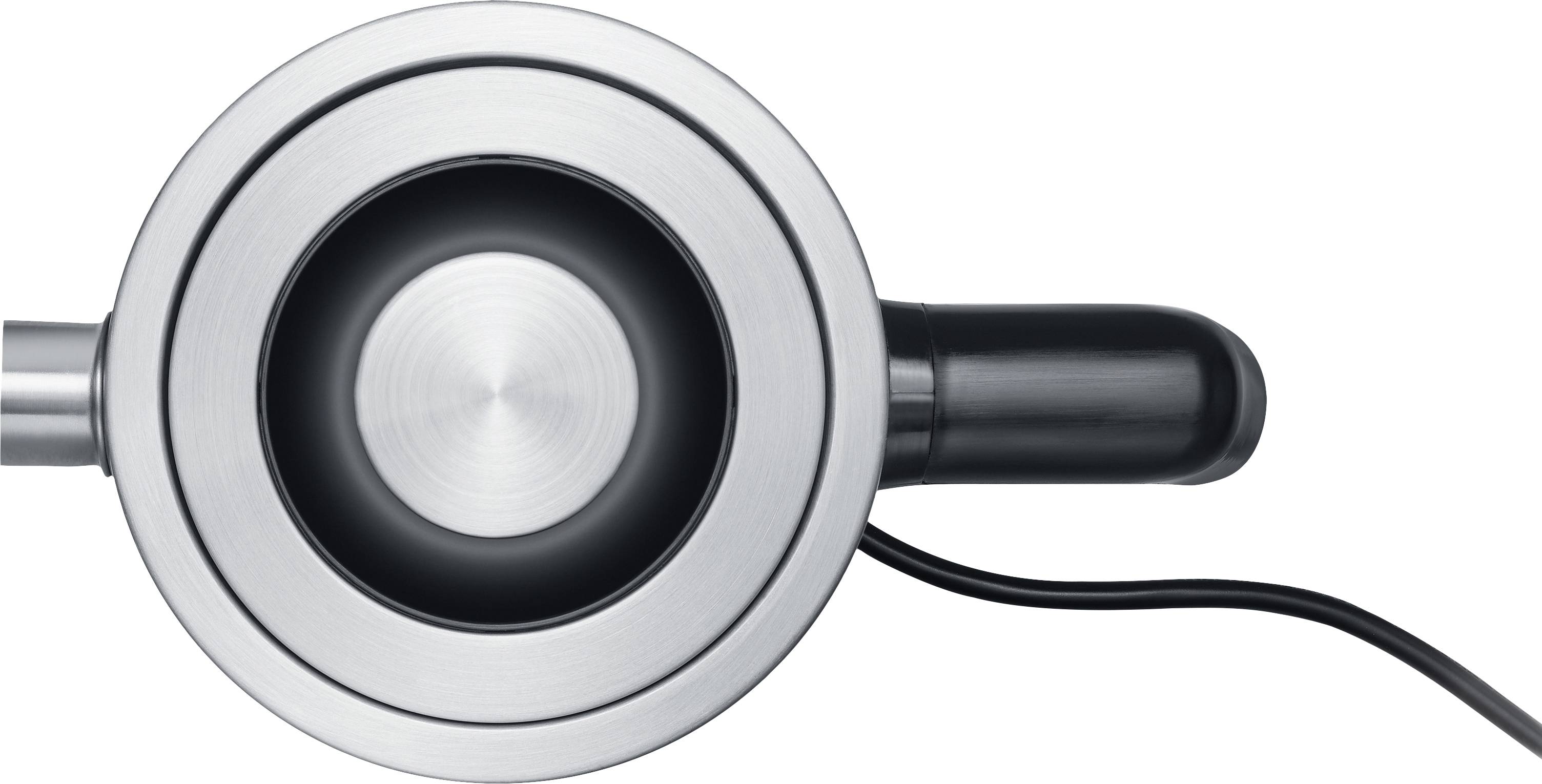 Bouilloire électrique ronde vue de dessus, en argent avec partie intérieure noire, et poignée sur la droite. Le câble d'alimentation descend du bas de l'appareil.