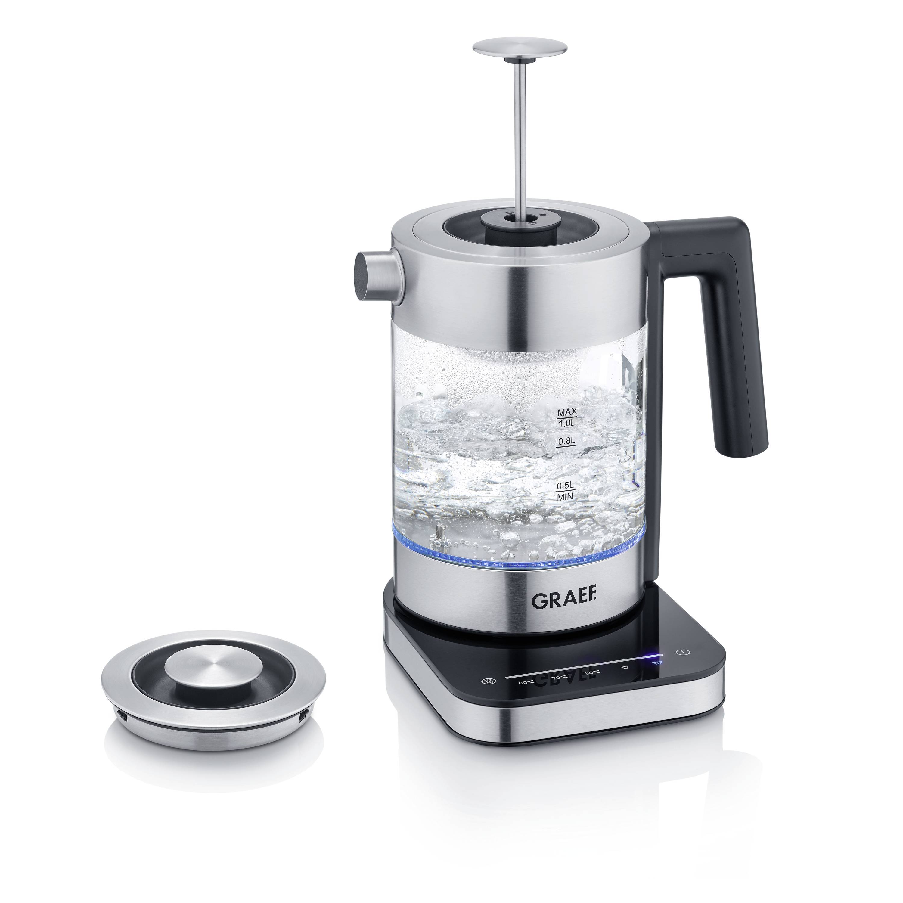 Bouilloire électrique moderne en acier inoxydable avec boîtier en verre, indicateur de niveau d'eau visible et contrôle numérique de la température sur la base.