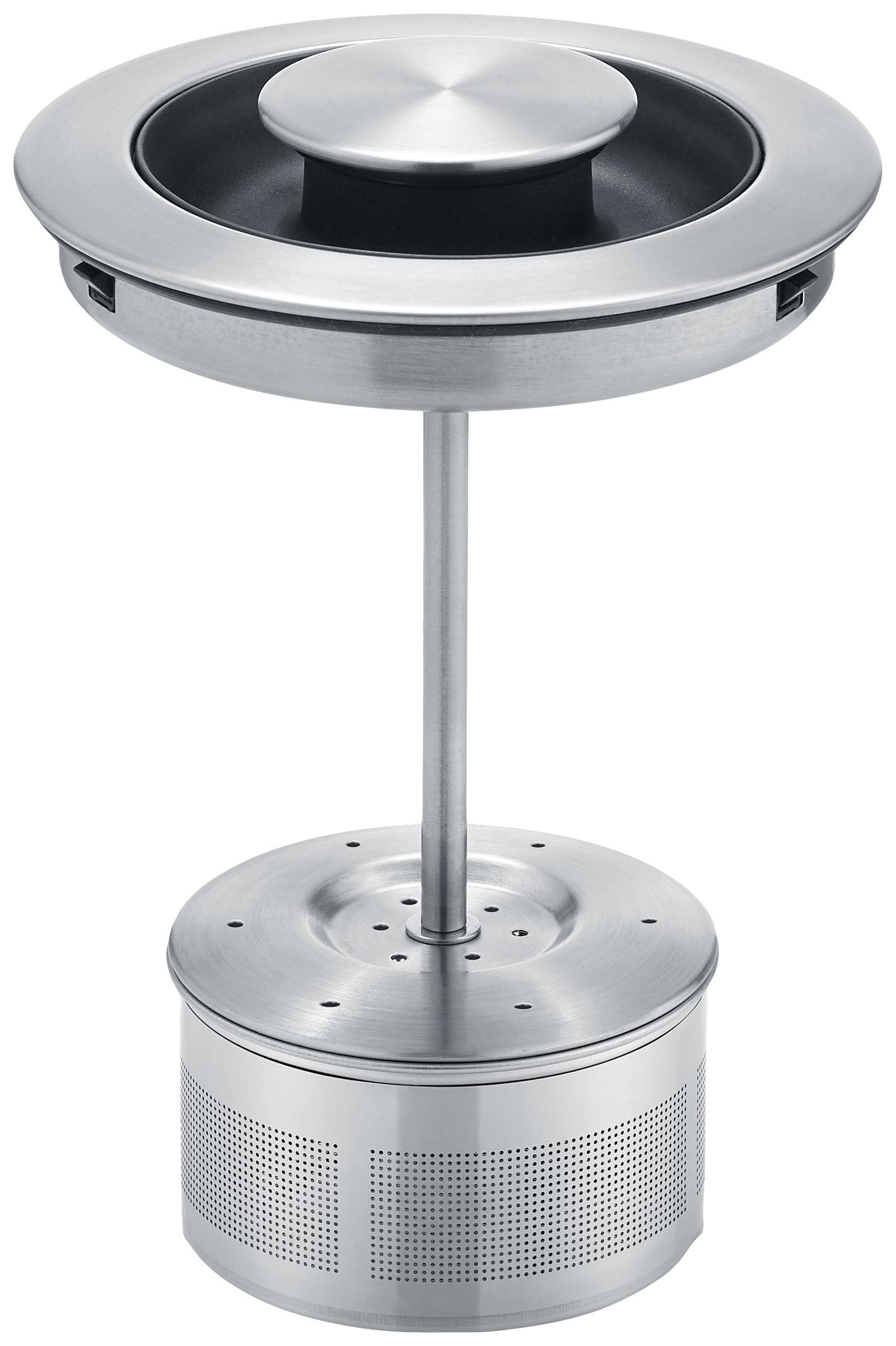 Une unité de ventilateur industriel argenté avec un boîtier cylindrique et une pale de ventilateur centrale entourée en haut d'une plaque de couverture ronde.