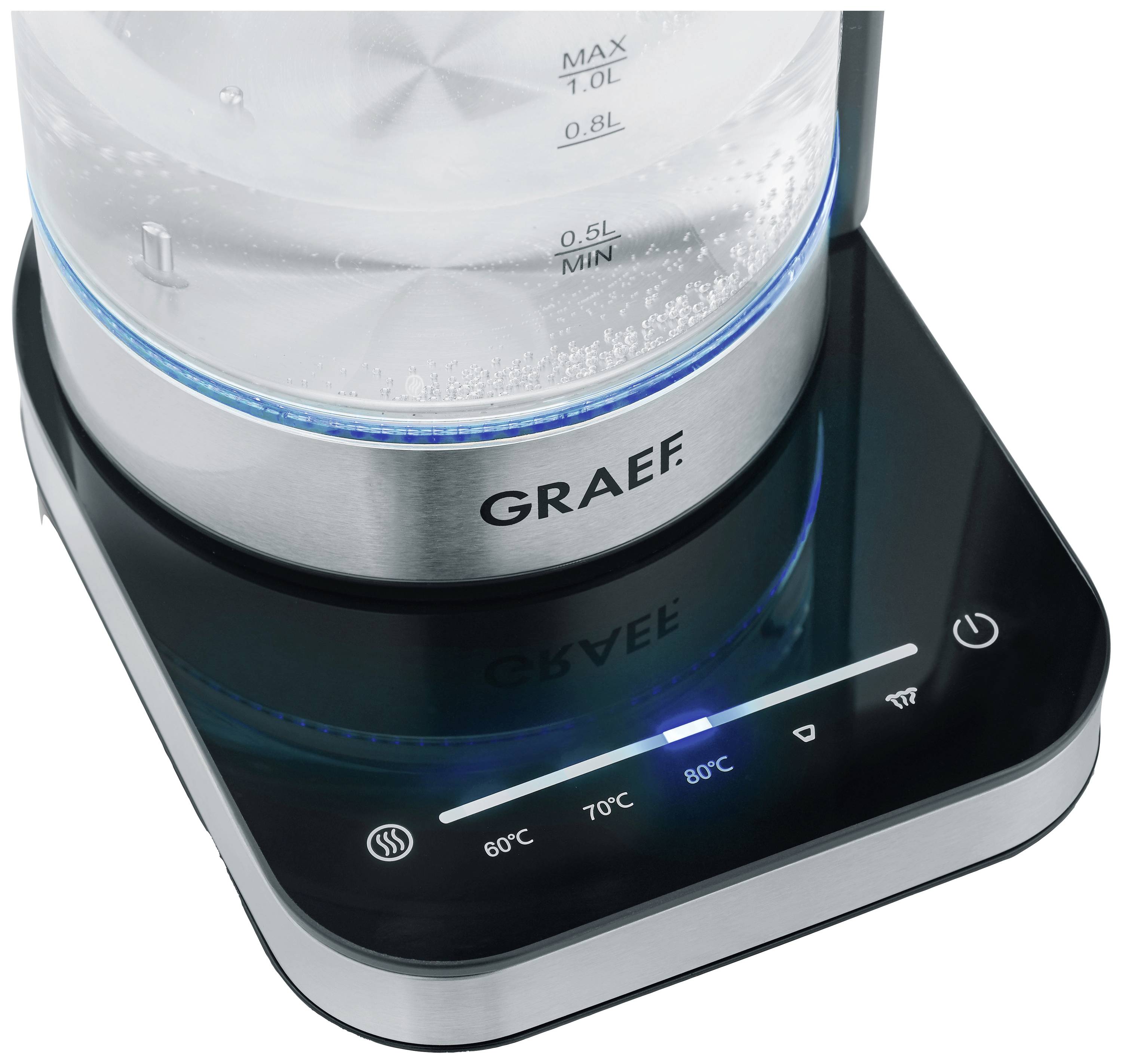 Bouilloire avec récipient en verre sur une base avec indicateur LED, touches de température pour 60°C, 70°C, 80°C et fonction maintien au chaud.