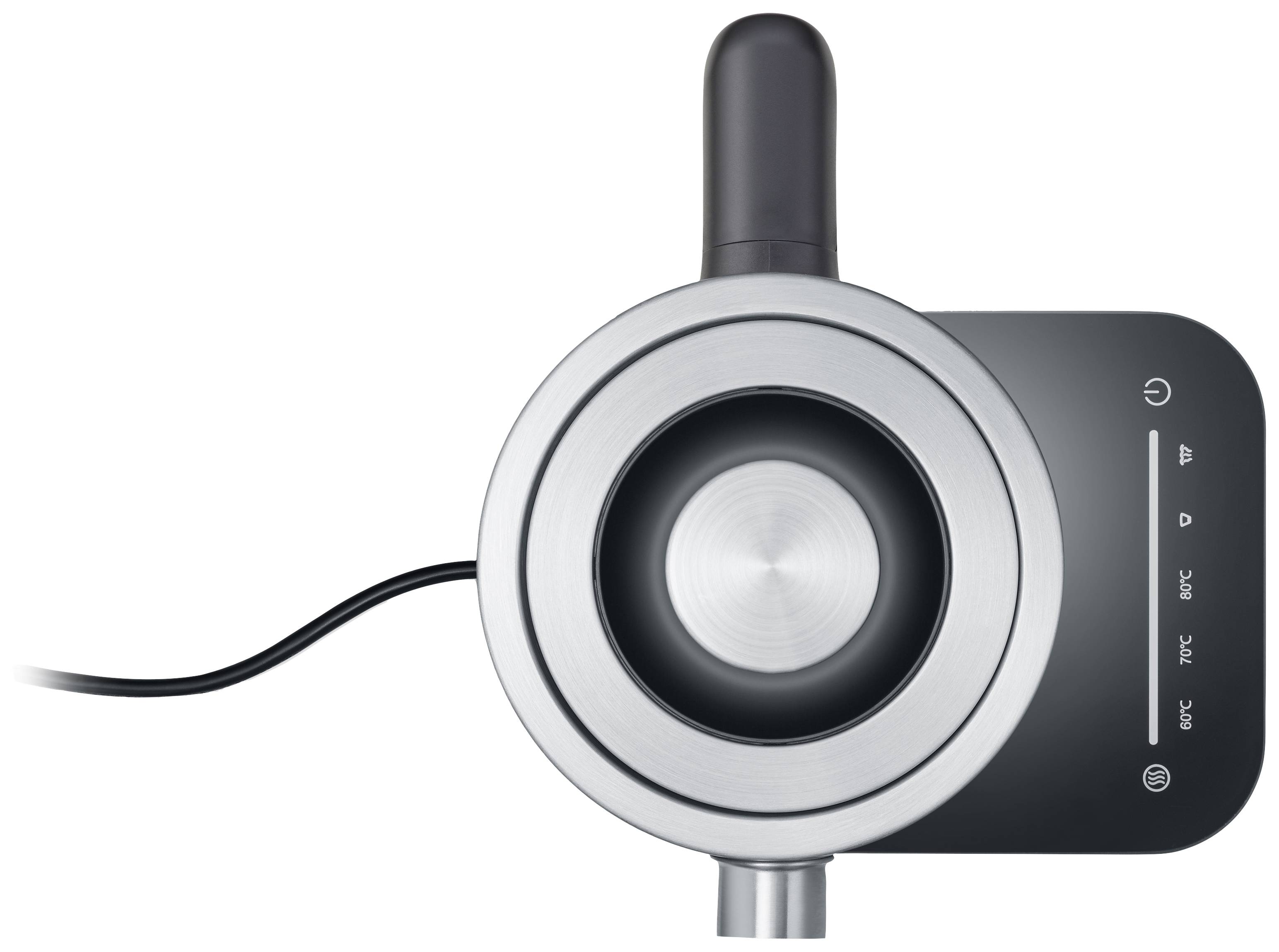 Bouilloire électrique en acier inoxydable avec poignée amovible et affichage de température de 40°C à 100°C sur le côté droit.