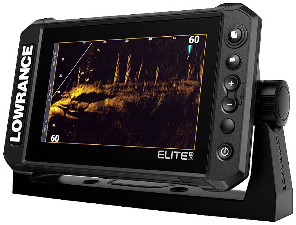 Un appareil de sondeur de la marque Lowrance est allumé. L'écran affiche une vue sous-marine avec une profondeur de 60 mètres.