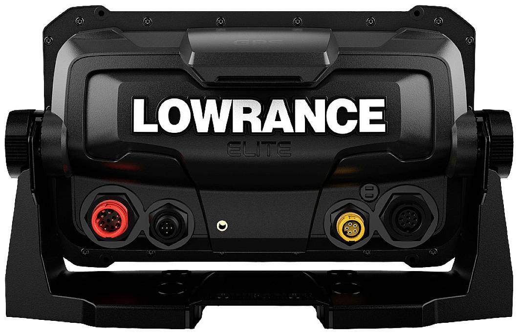Arrière d'un appareil électronique de la marque 'Lowrance' avec plusieurs ports de connexion et un cadre de support.