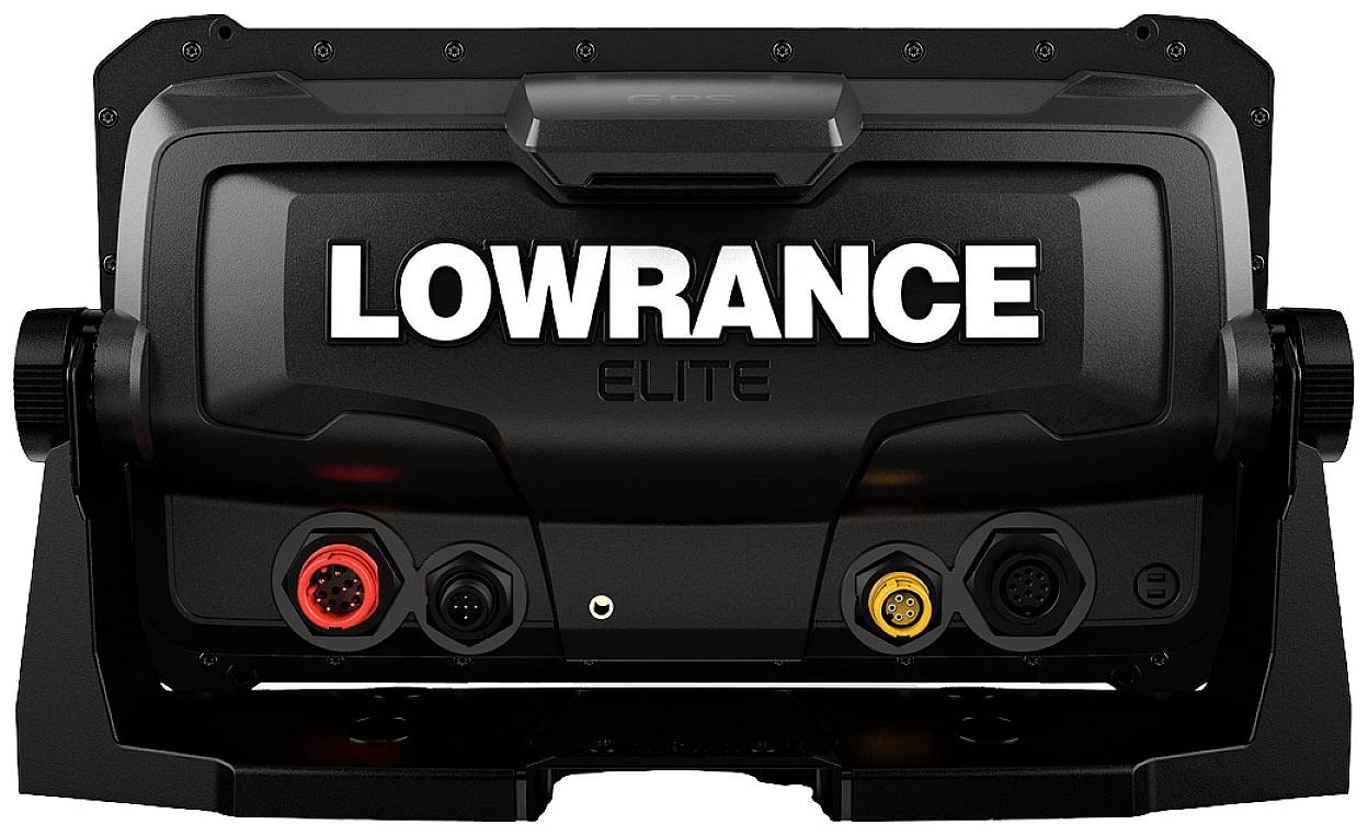 Dos d'un appareil électronique avec plusieurs ports et le nom de marque 'LOWRANCE ELITE'.