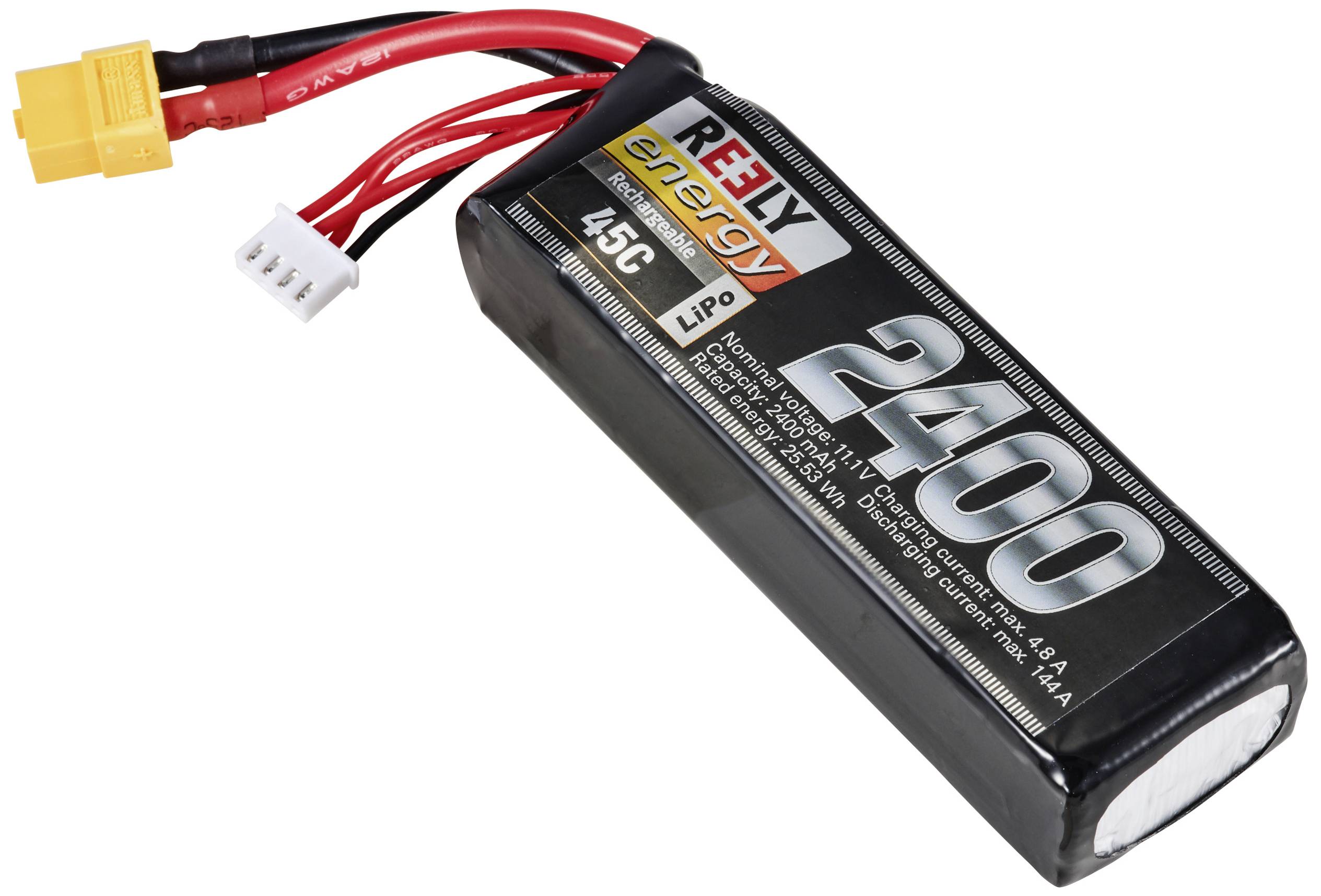 Batterie LiPo portant la mention '2400', avec connecteur jaune et plusieurs câbles. Adaptée aux appareils électroniques ou à la modélisme.