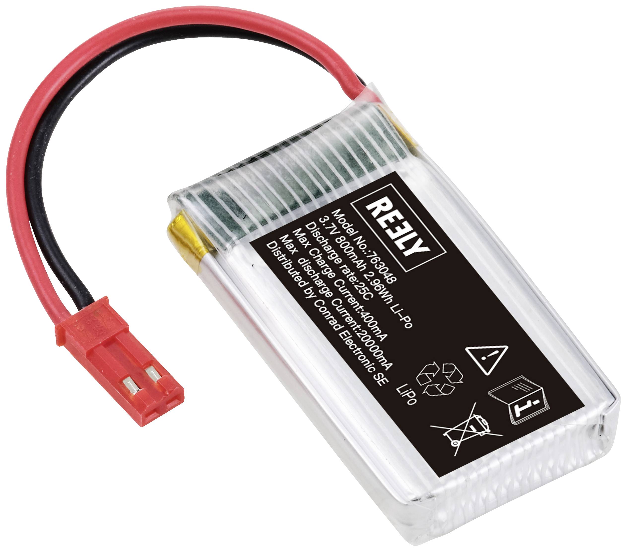 Batterie LiPo de la marque Reely, 3,7 V, 150 mAh, avec câble de connexion rouge. Les consignes de sécurité et d'élimination sont imprimées.