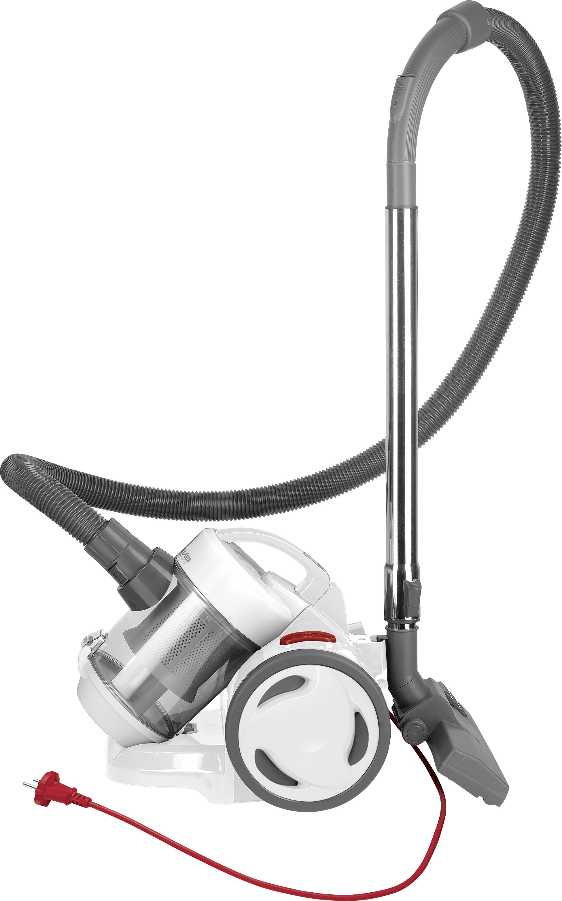 Aspirateur avec un câble rouge sur un fond blanc, de forme cylindrique et doté d'un tuyau flexible.