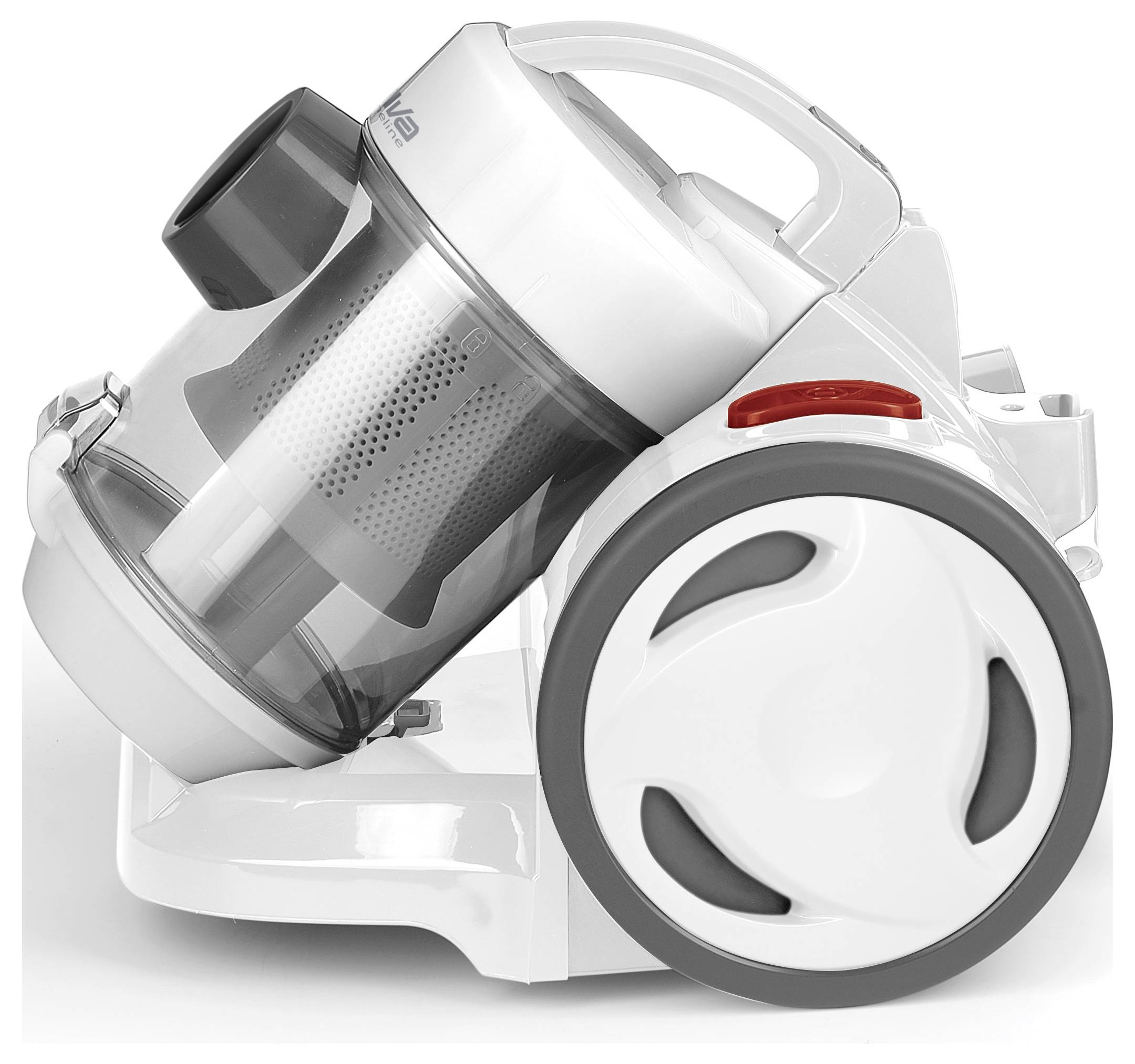 Un aspirateur blanc sans sac, doté d'une grande roue et d'une poignée de transport, vu de côté, placé sur un fond clair.