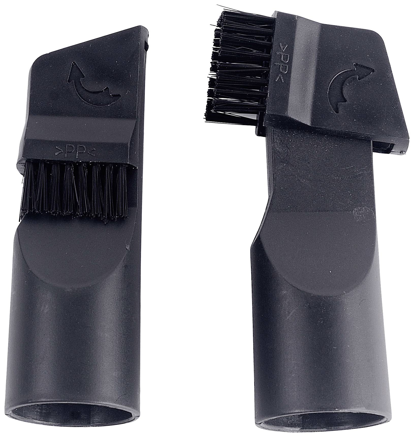 Deux embouts d'aspirateur noirs avec des poils et un symbole de flèche indiquant le sens de rotation des brosses.