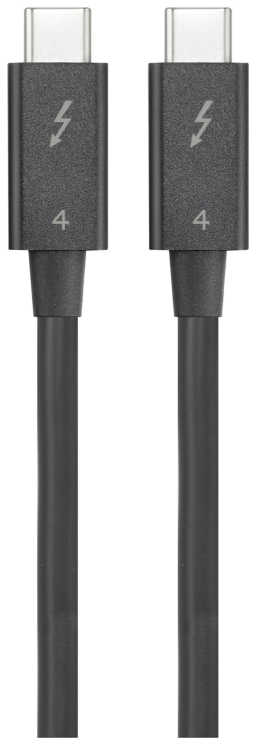 Deux câbles Thunderbolt 4 noirs avec des connecteurs USB-C, placés côte à côte sur un fond blanc.