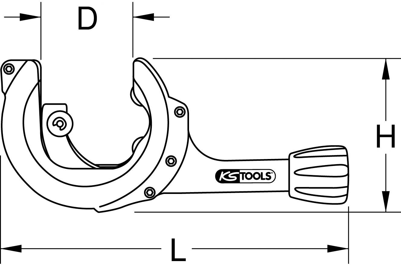 Diagramme de Rohrschneider avec poignée et roue de coupe réglable, avec annotations pour la longueur (L), le diamètre (D) et la hauteur (H).