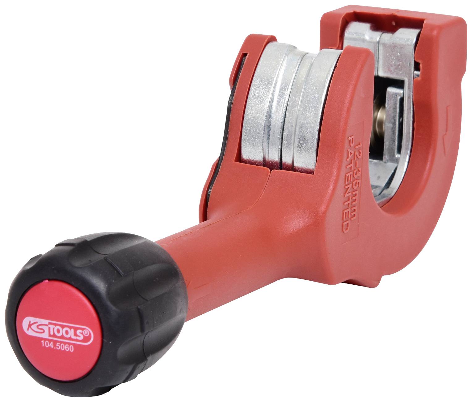 Coupe-tubes en plastique rouge avec poignée noire, adapté pour la coupe précise de tubes.