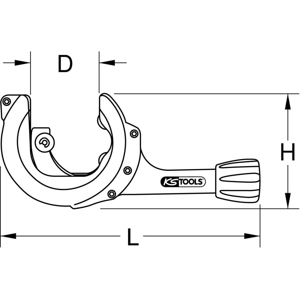 Dessin d'un coupe-tube avec les dimensions D, H et L marquées. L'outil possède une molette de coupe et une poignée, portant l'inscription 'KS Tools'.