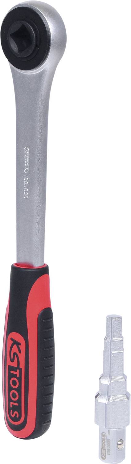 Clé à cliquet métallique avec poignée en noir et rouge, équipée d'un adaptateur hexagonal amovible, convenant aux travaux mécaniques.