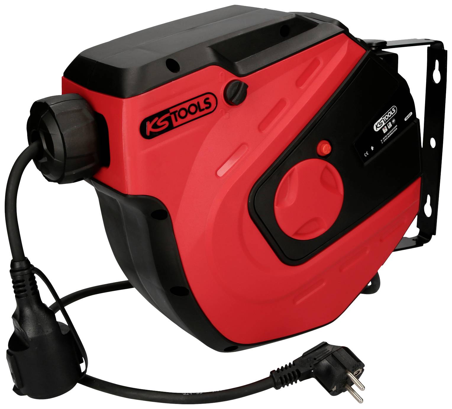 Un dévidoir automatique rouge de 'KS Tools' monté au mur, équipé d'un câble électrique noir et d'une prise.