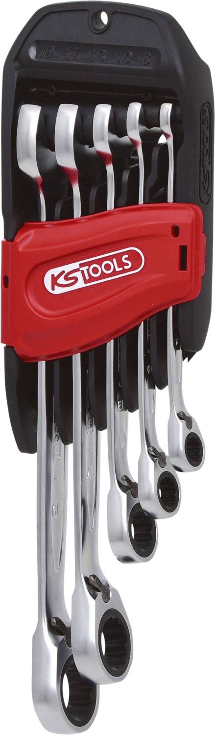 Un jeu de clés polygonales dans un support, avec le logo de marque 'KS TOOLS' sur la poignée rouge. Idéal pour divers travaux de vissage.