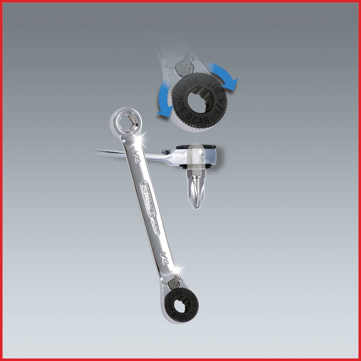 Une clé à molette saisit une vis avec un embout interchangeable, montrant un mouvement de rotation par une flèche bleue.