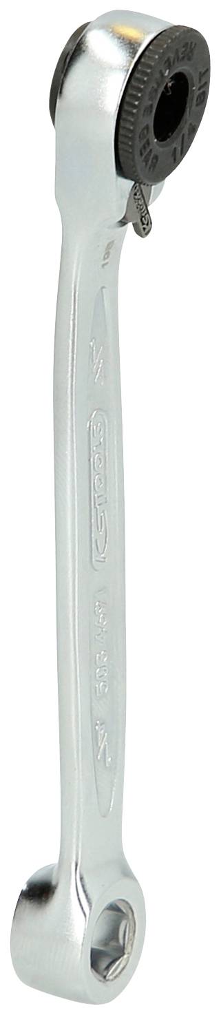 Une clé polygonale à cliquet en argent avec deux extrémités, l'une dotée d'un cliquet rotatif, l'autre d'un anneau fixe. Adaptée aux travaux de vissage.