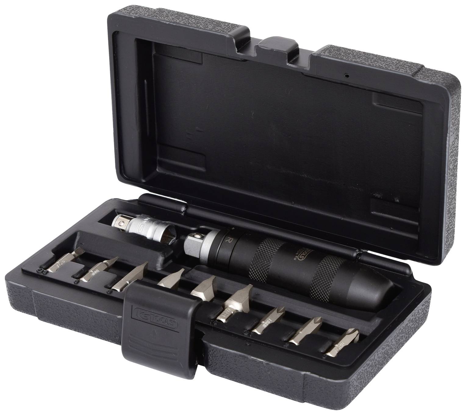 Un ensemble de tournevis dans un coffret en plastique noir ouvert. Comprend différents embouts et une poignée.