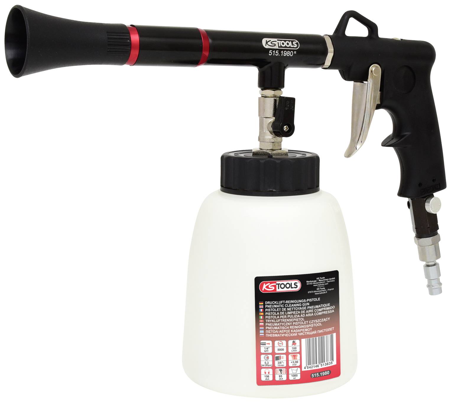 Une pistolet de nettoyage à air comprimé avec une poignée noire et un réservoir blanc, adapté pour nettoyer soigneusement les surfaces.