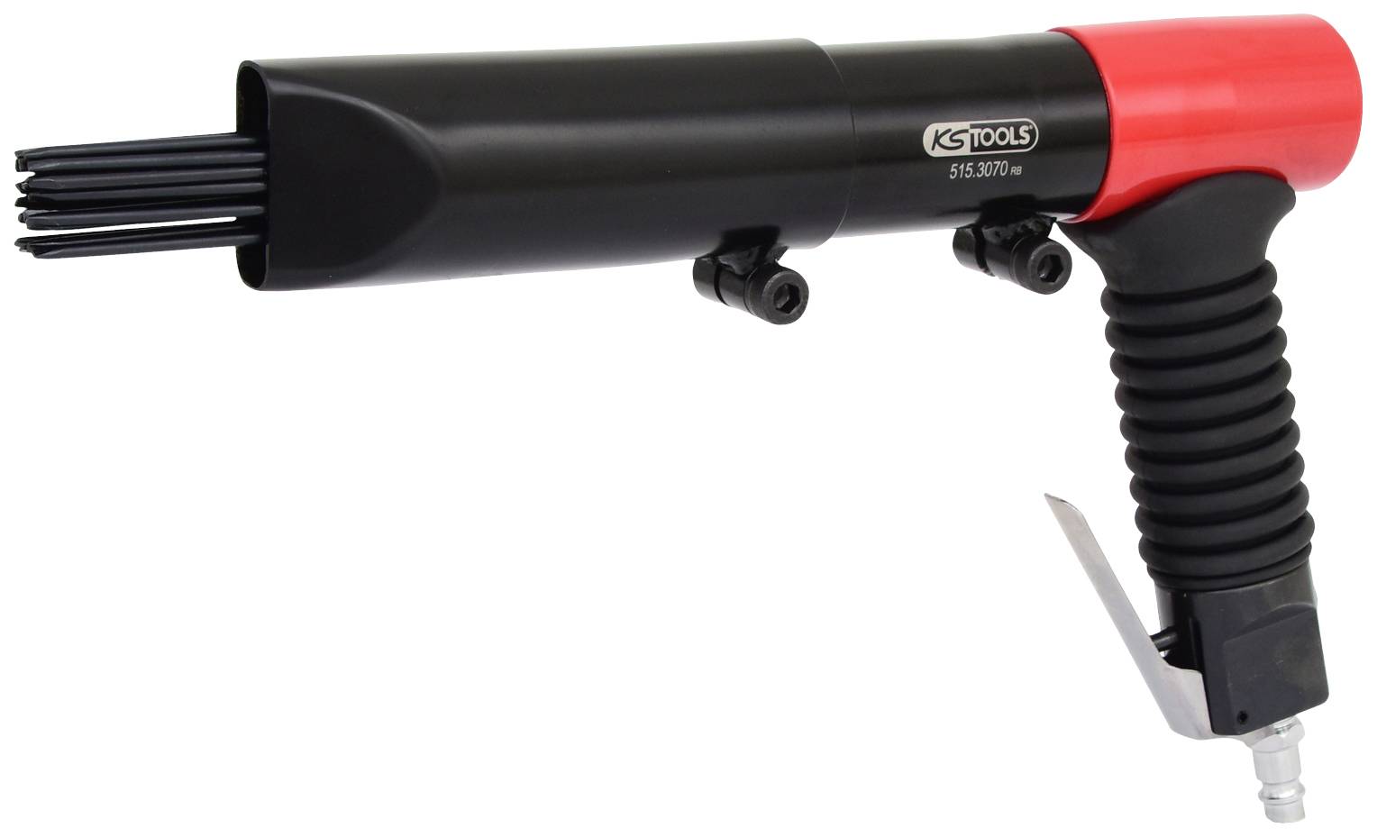 Outil de décapage pneumatique de KS Tools, noir et rouge, avec poignée et plusieurs aiguilles, utilisé pour enlever la rouille des surfaces.