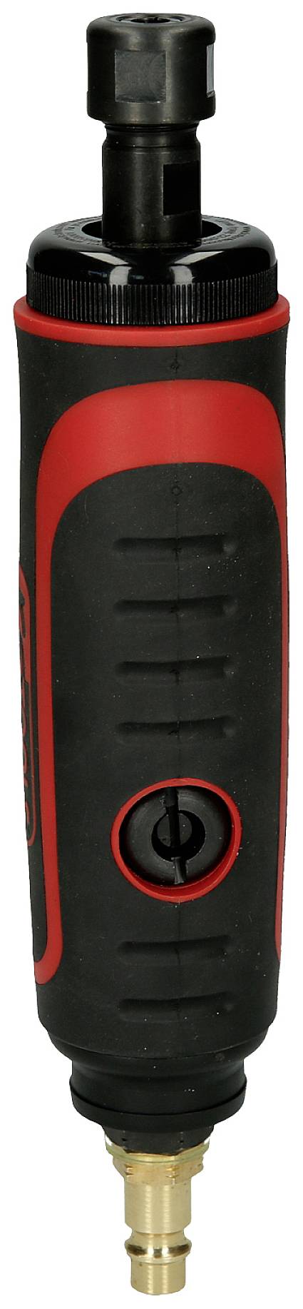 Un tournevis pneumatique noir et rouge avec poignée ergonomique et bouton-poussoir, adapté aux applications d'atelier.