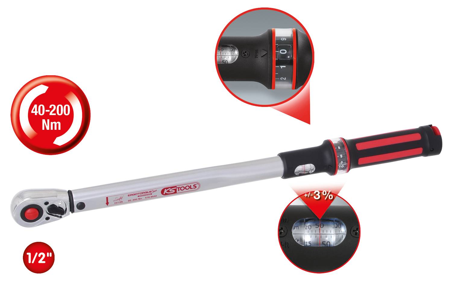 KS Tools ERGOTORQUE®precision 516.6542 Clé dynamométrique avec cliquet 1/2" (12.5 mm) 40 - 200 Nm