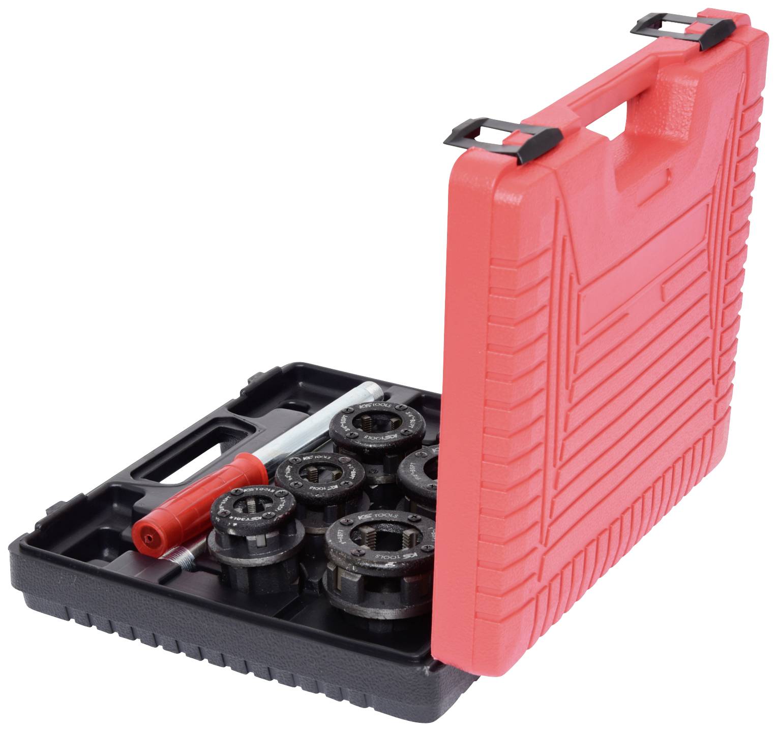 Valise rouge avec couvercle ouvert montrant des compartiments pour outils et une poignée.