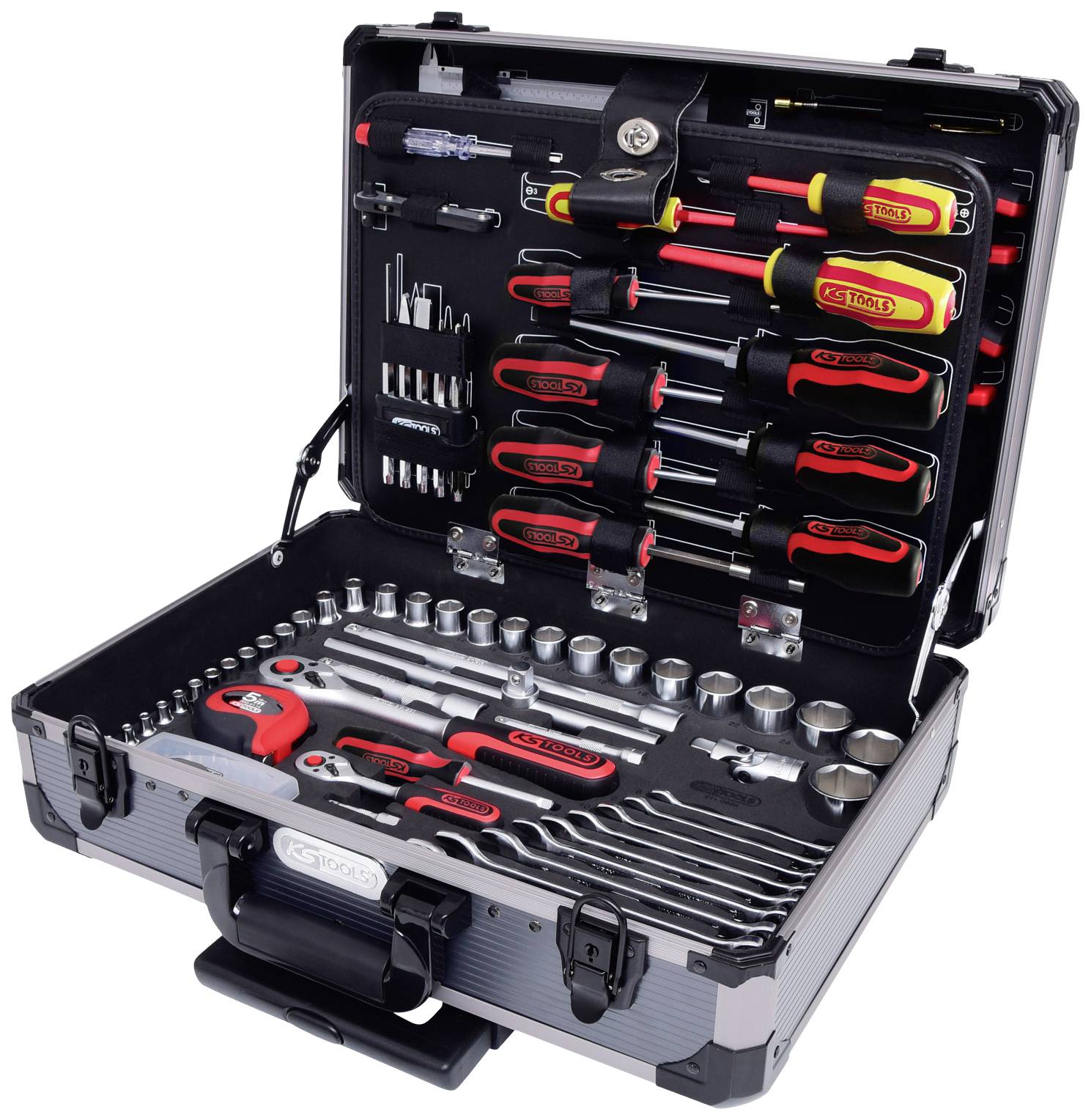Boîte à outils ouverte avec divers outils manuels, comprenant des tournevis, des clés à molette et des pinces, soigneusement disposés.