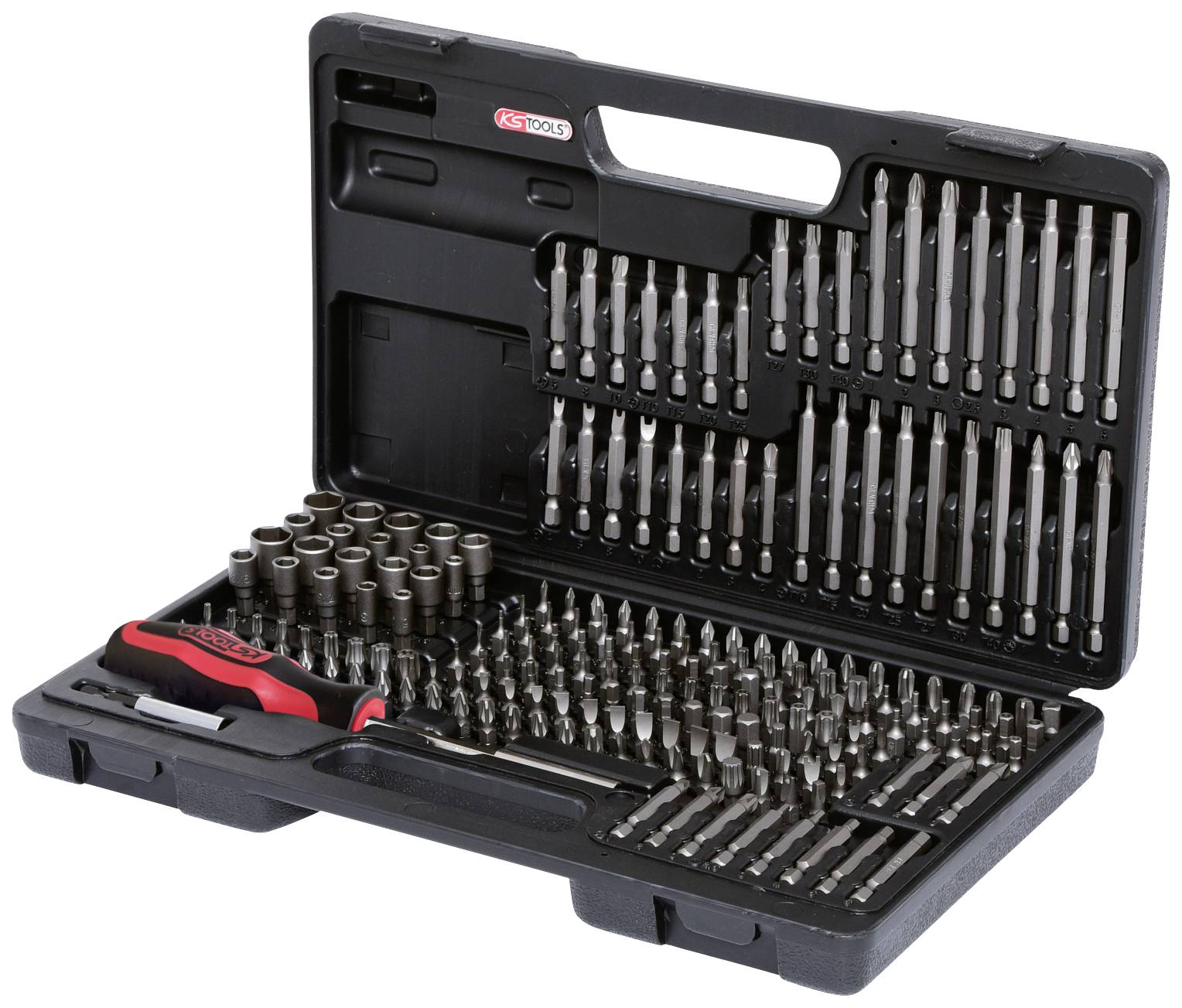 Coffret de tournevis comprenant différents embouts et douilles dans un étui noir ouvert. Comprend une poignée et de nombreux accessoires métalliques.