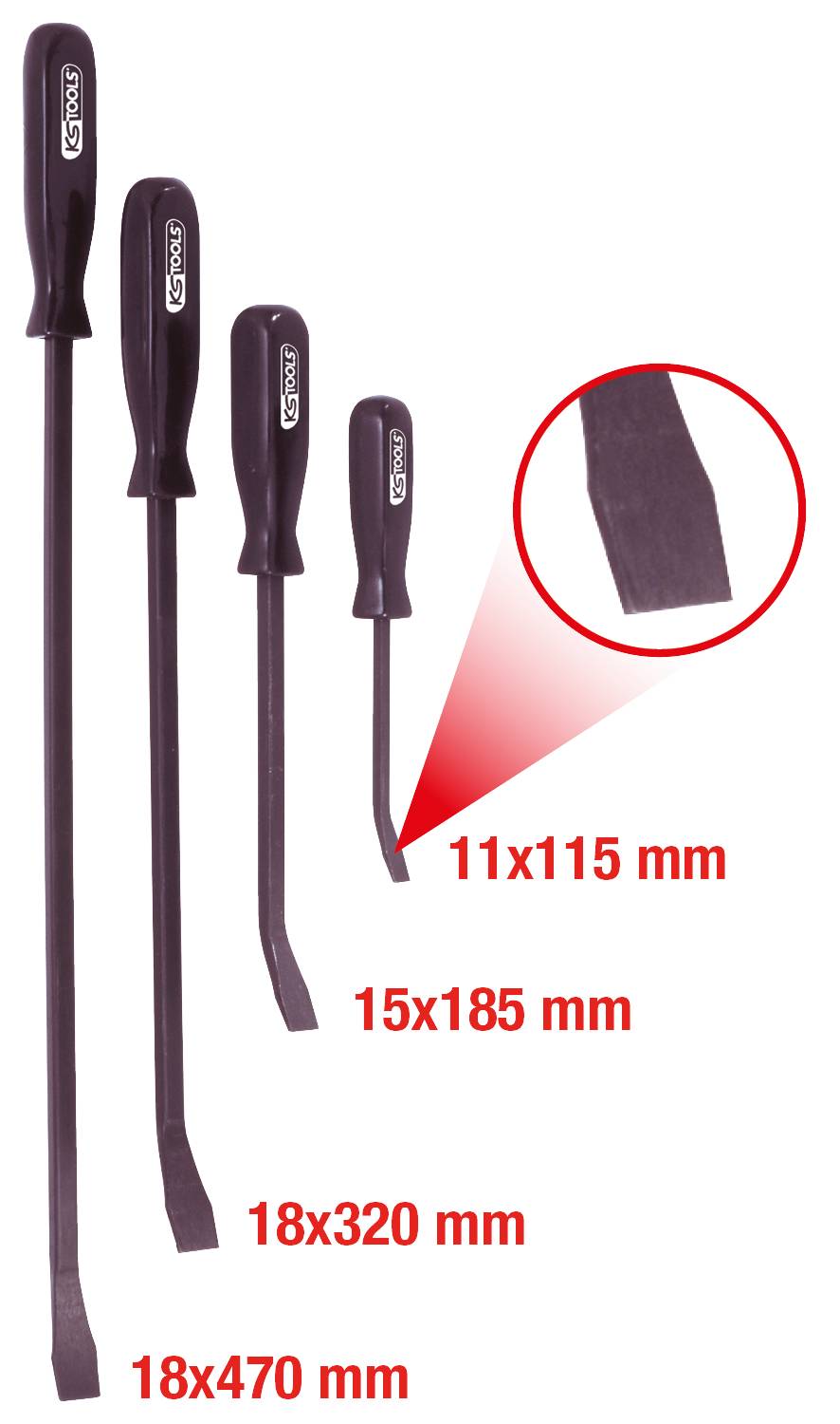 Quatre leviers (ou pieds-de-biche) de différentes tailles, du petit au grand : 11x115 mm, 15x185 mm, 18x320 mm, 18x470 mm. Agrandissement de l'extrémité.