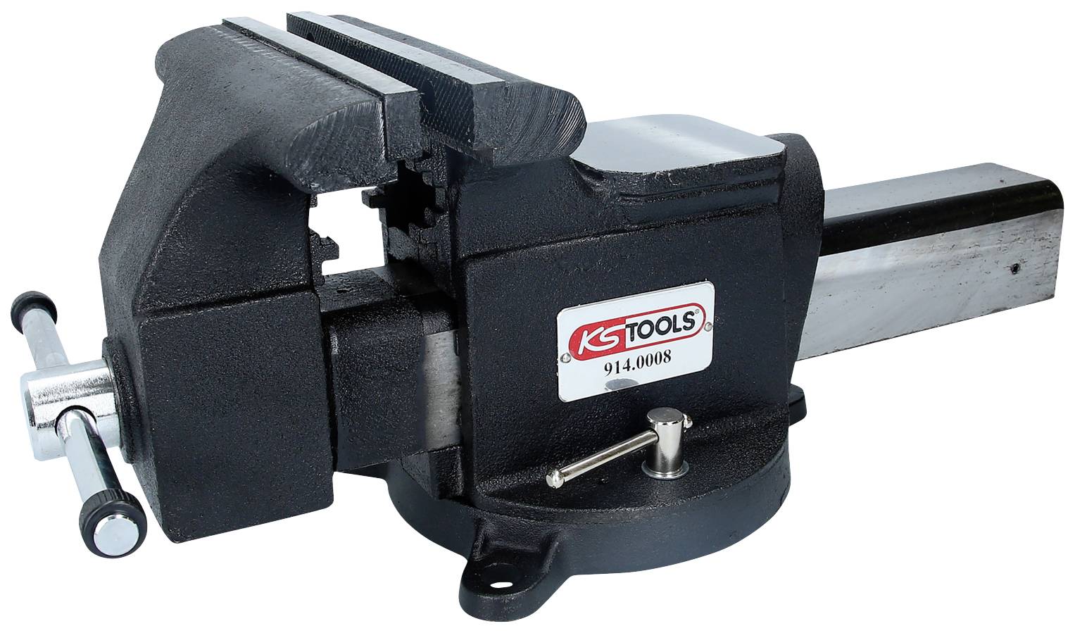 Étau avec châssis noir et poignée argentée. Logo de la marque 'KS Tools' visible sur le côté.