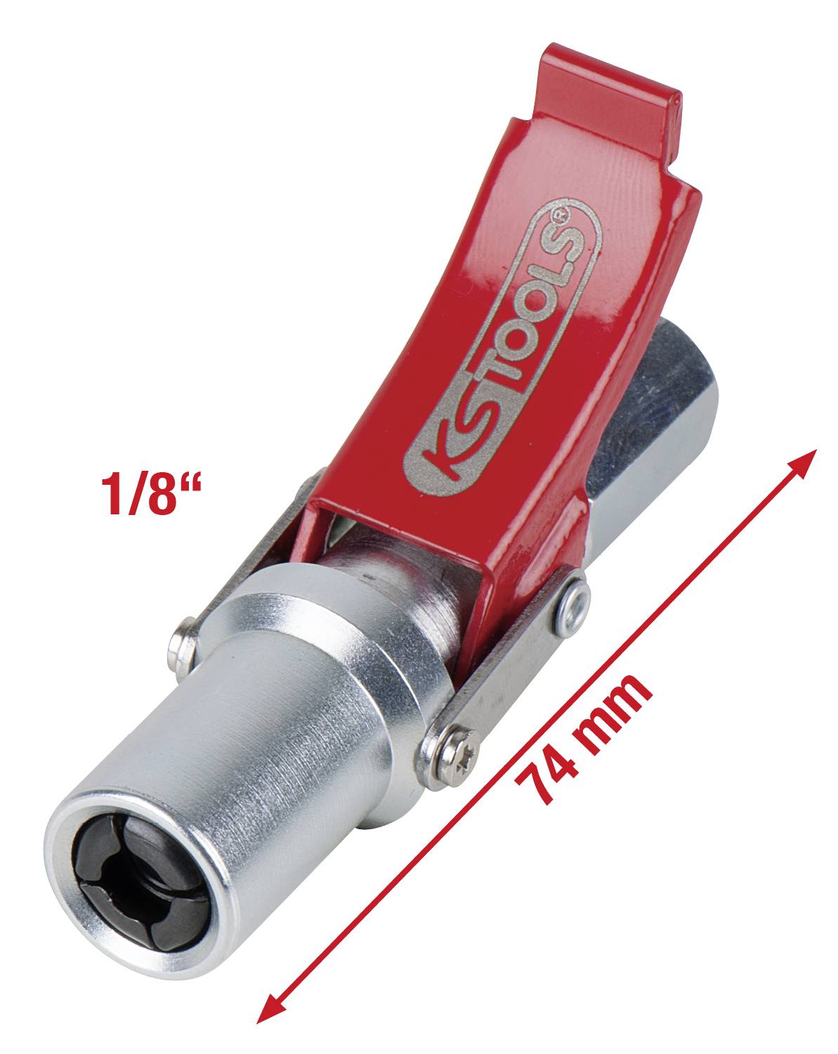 Un outil argenté avec un levier rouge et le logo 'KSTools'. Dimensions : 74 mm de long, diamètre de 1/8 de pouce.