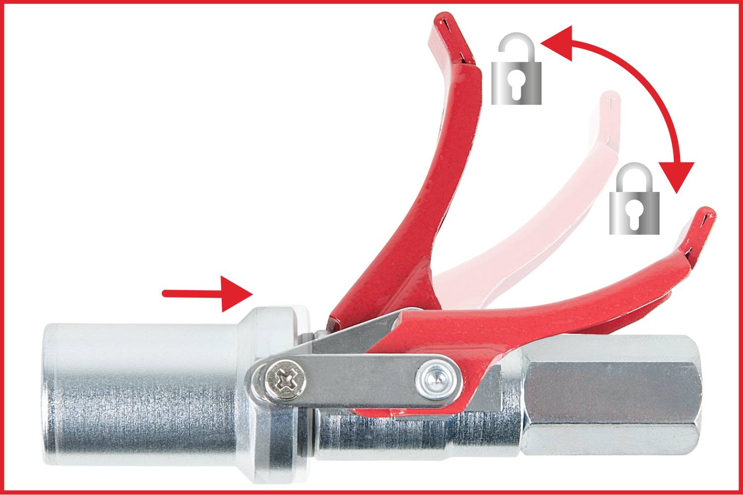 Image d'un mécanisme de verrouillage : Un dispositif métallique avec un levier rouge qui peut être verrouillé et déverrouillé par rotation.