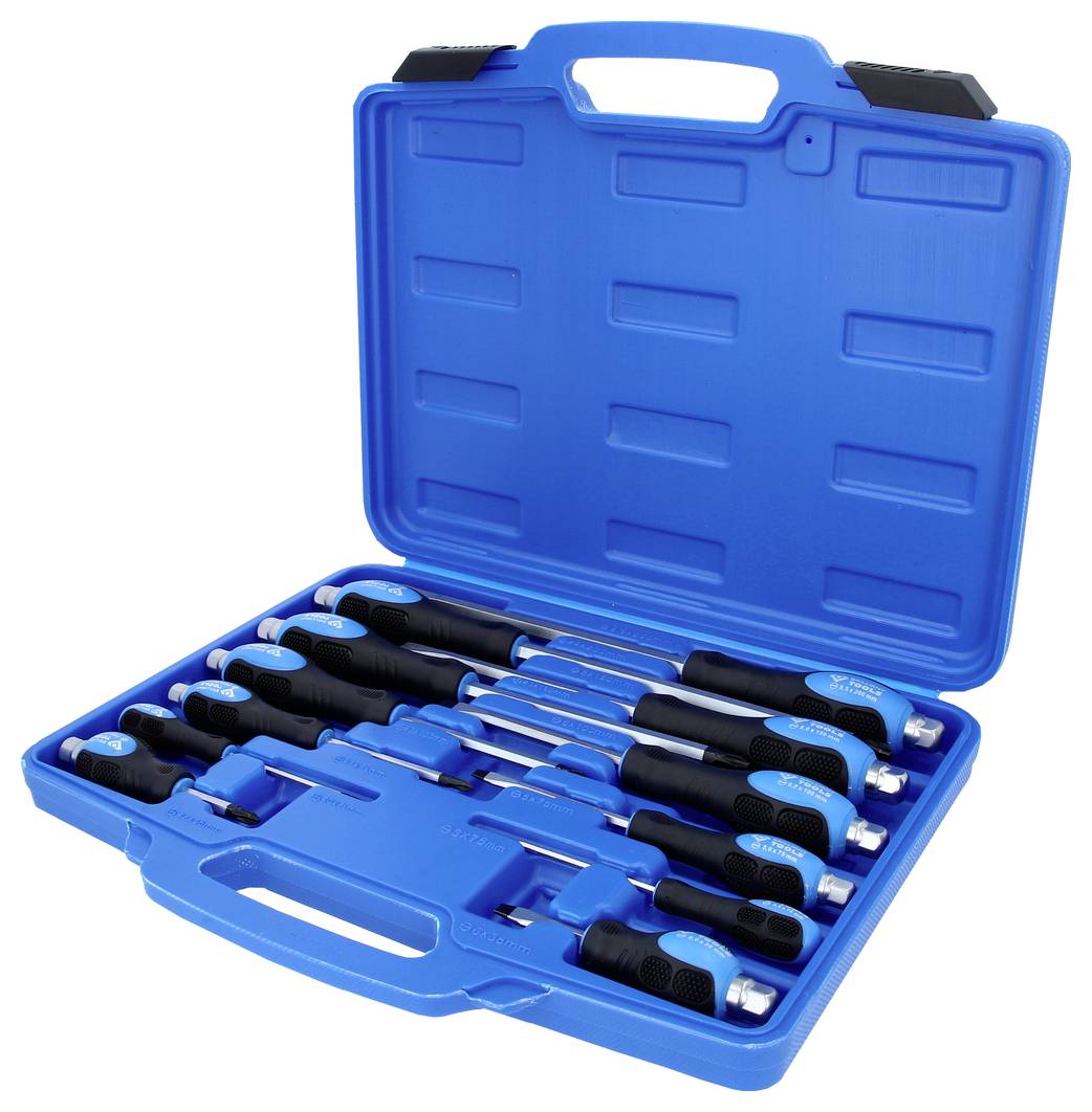 Un étui en plastique bleu contenant dix tournevis modernes assortis avec des manches noirs et bleus, soigneusement rangés à l'intérieur.