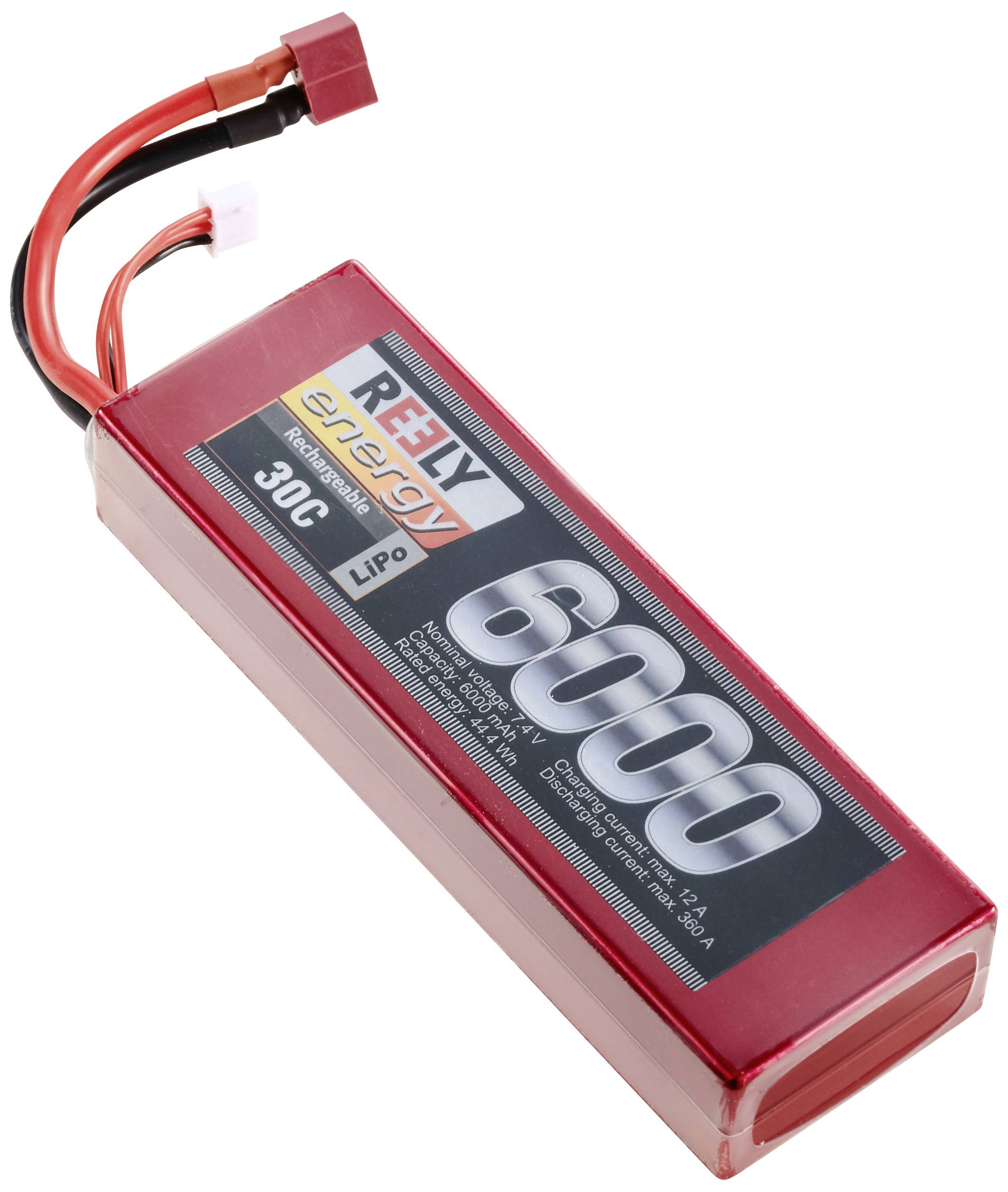 Batterie Lithium-Polymère rouge portant l'inscription « Rely Energy 6000 mAh, 30C LiPo ».
