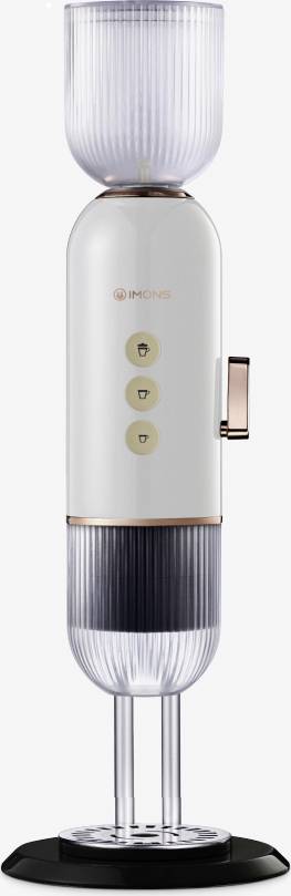 Un préparateur de café élégant avec des récipients transparents et rainurés pour l'eau et le café, doté de trois boutons et d'une poignée en métal.