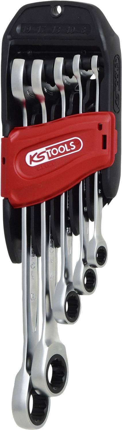 Un ensemble de clés à cliquet plates en argent dans un support noir et rouge de KS Tools, disposées côte à côte.