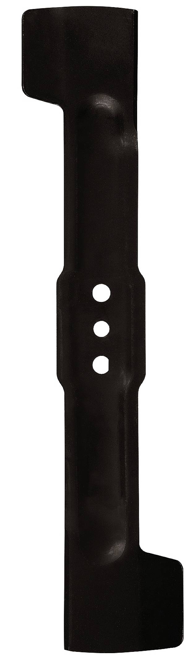 Une lame de tondeuse à gazon noire avec trois trous de fixation au centre, un tranchant acéré à chaque extrémité et un design incurvé.