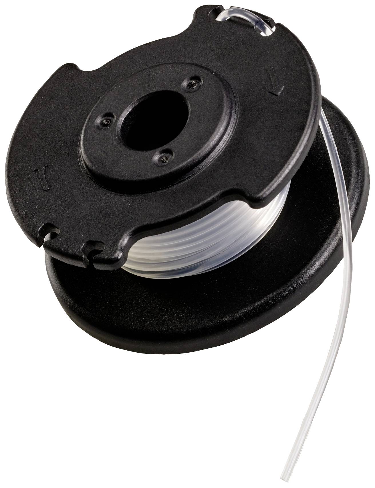 Bobine de plastique noir avec du fil blanc partiellement déroulé.