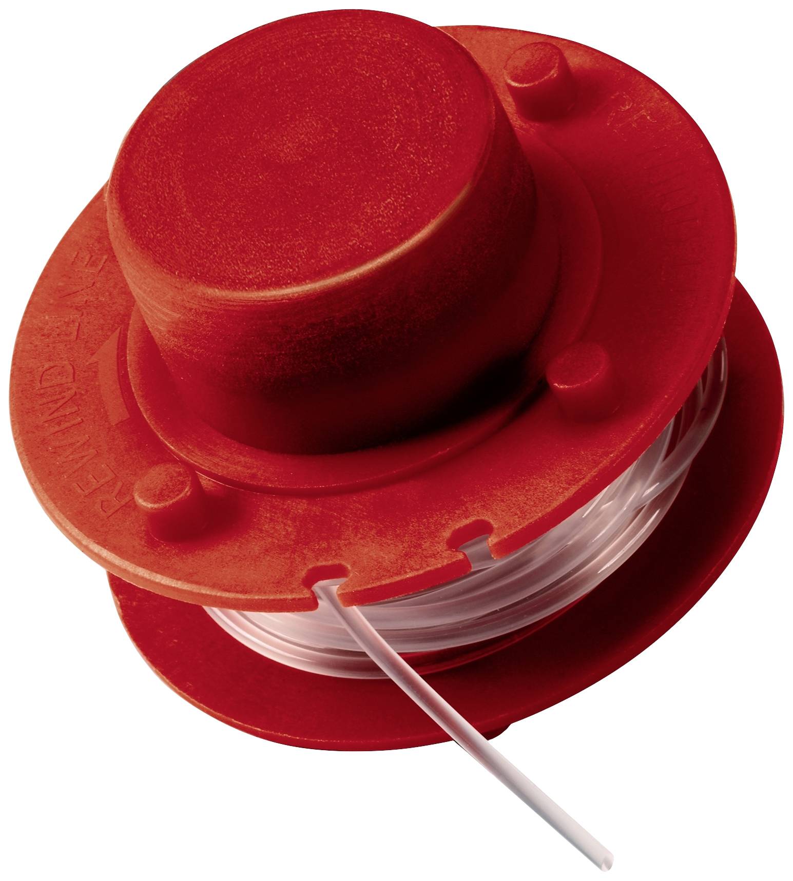 Un bobine de fil rouge avec du fil blanc enroulé, utilisée pour les outils de jardinage ou les débroussailleuses.
