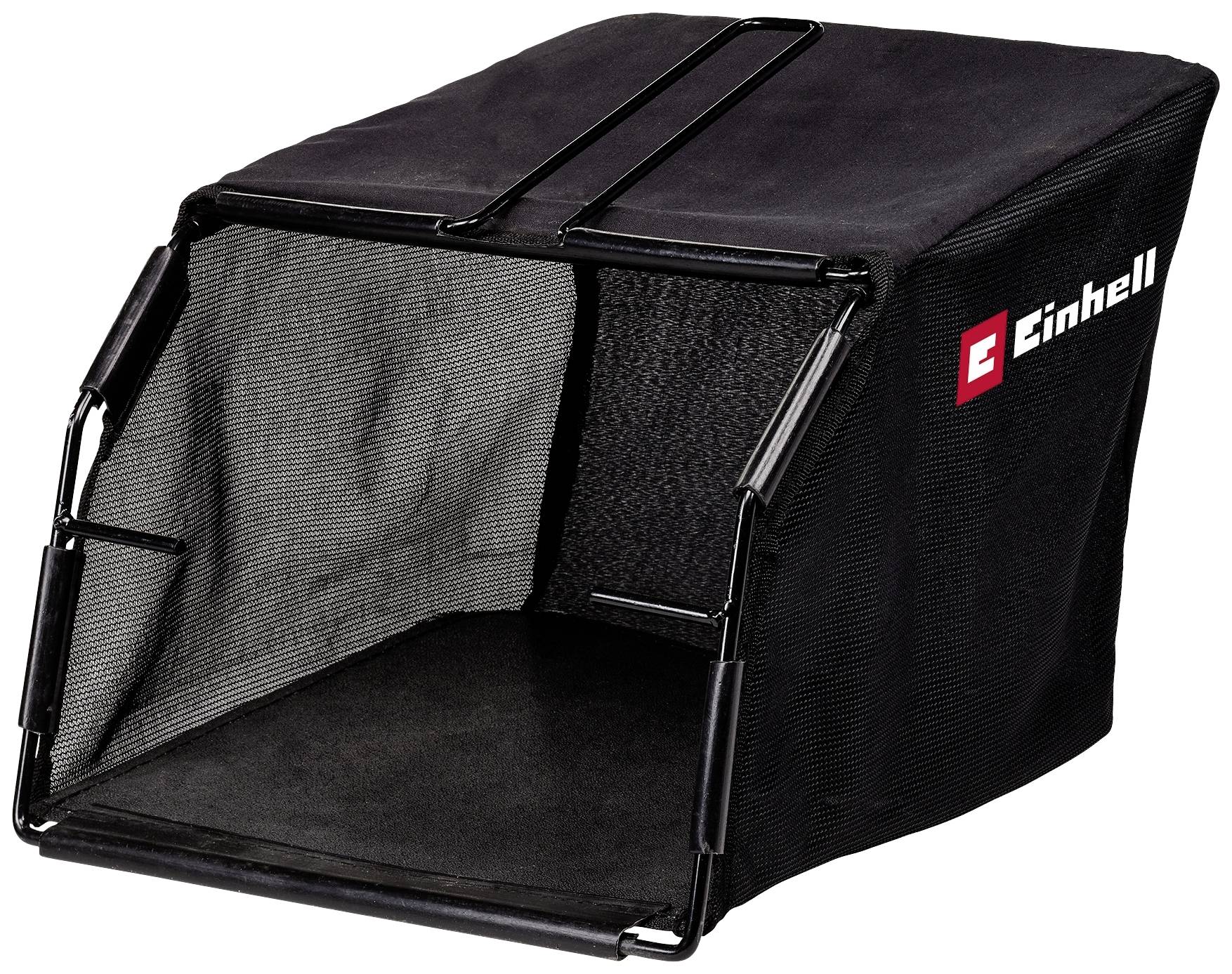 Un sac de ramassage noir de la marque Einhell, ouvert à l'avant, utilisé pour la collecte de l'herbe avec les tondeuses à gazon.