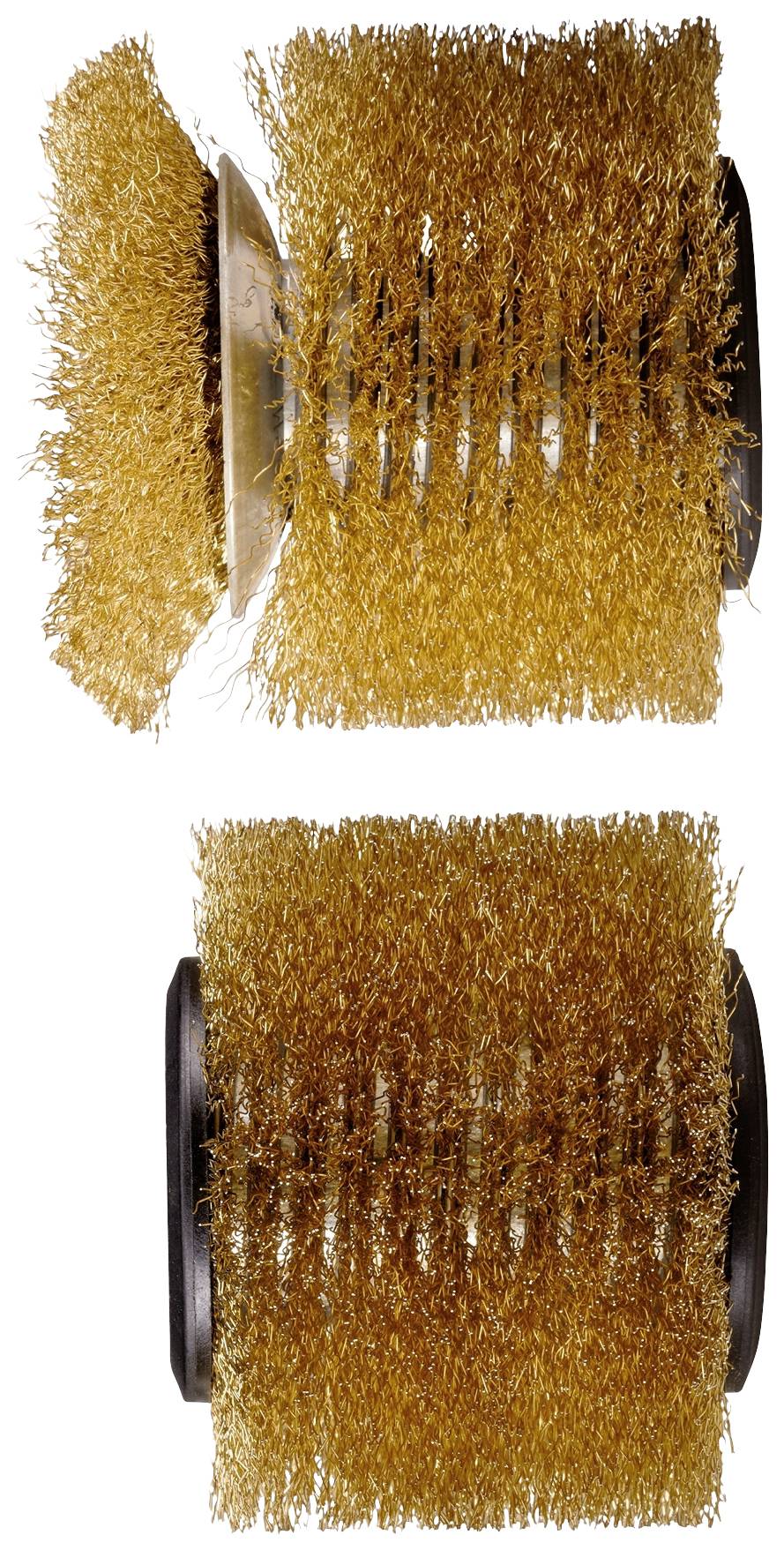 Deux brosses rotatives avec des poils dorés, l'une verticale et l'autre horizontale, sur un fond blanc.