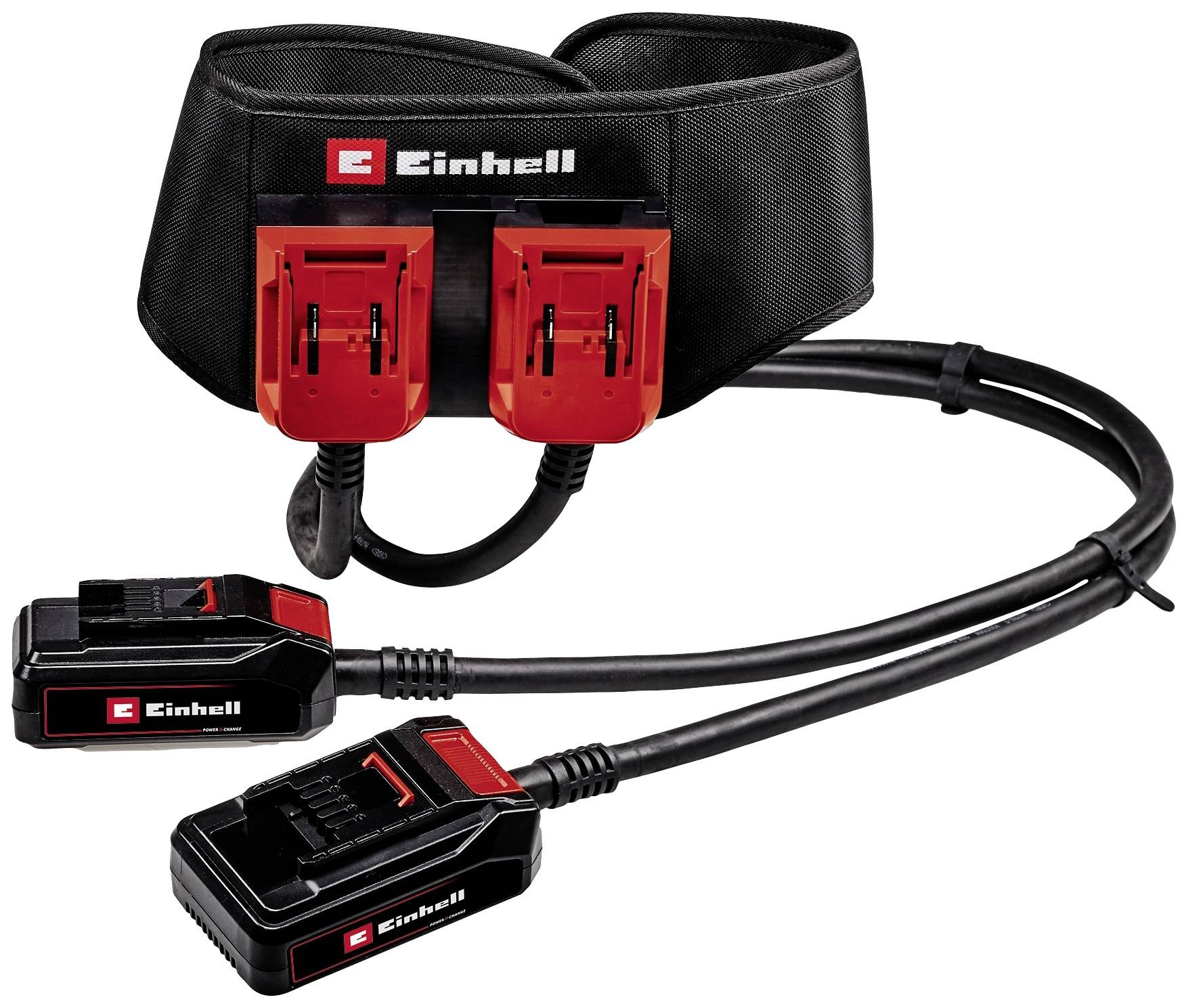 Une ceinture avec deux batteries Einhell et câbles de connexion. Adaptée à l'utilisation avec des outils de jardin Einhell compatibles pour un travail sans fil.