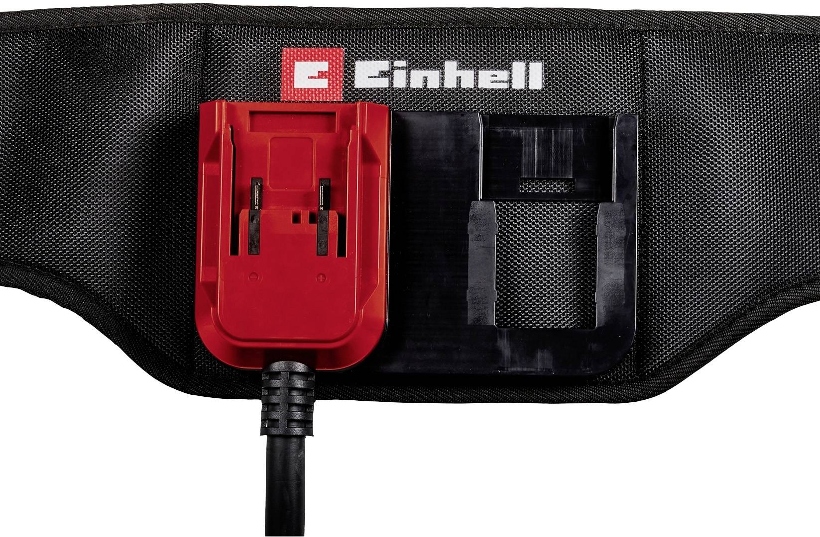 Un chargeur rouge Einhell fixé à un étui noir. Le logo blanc Einhell y est apposé.