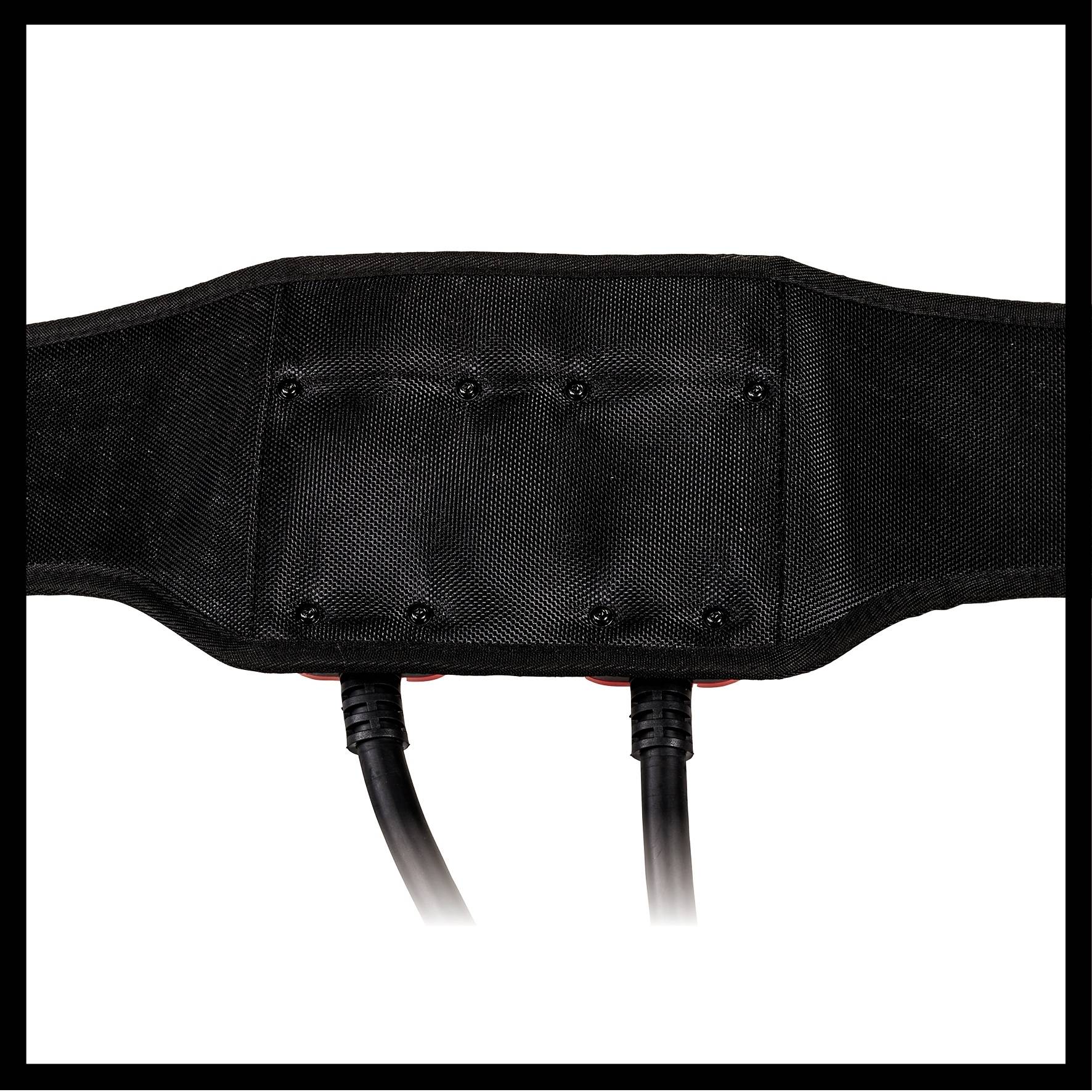 Une ceinture noire avec des connexions de câbles. Possiblement un accessoire technique ou un appareil destiné à un support ou à une thérapie.