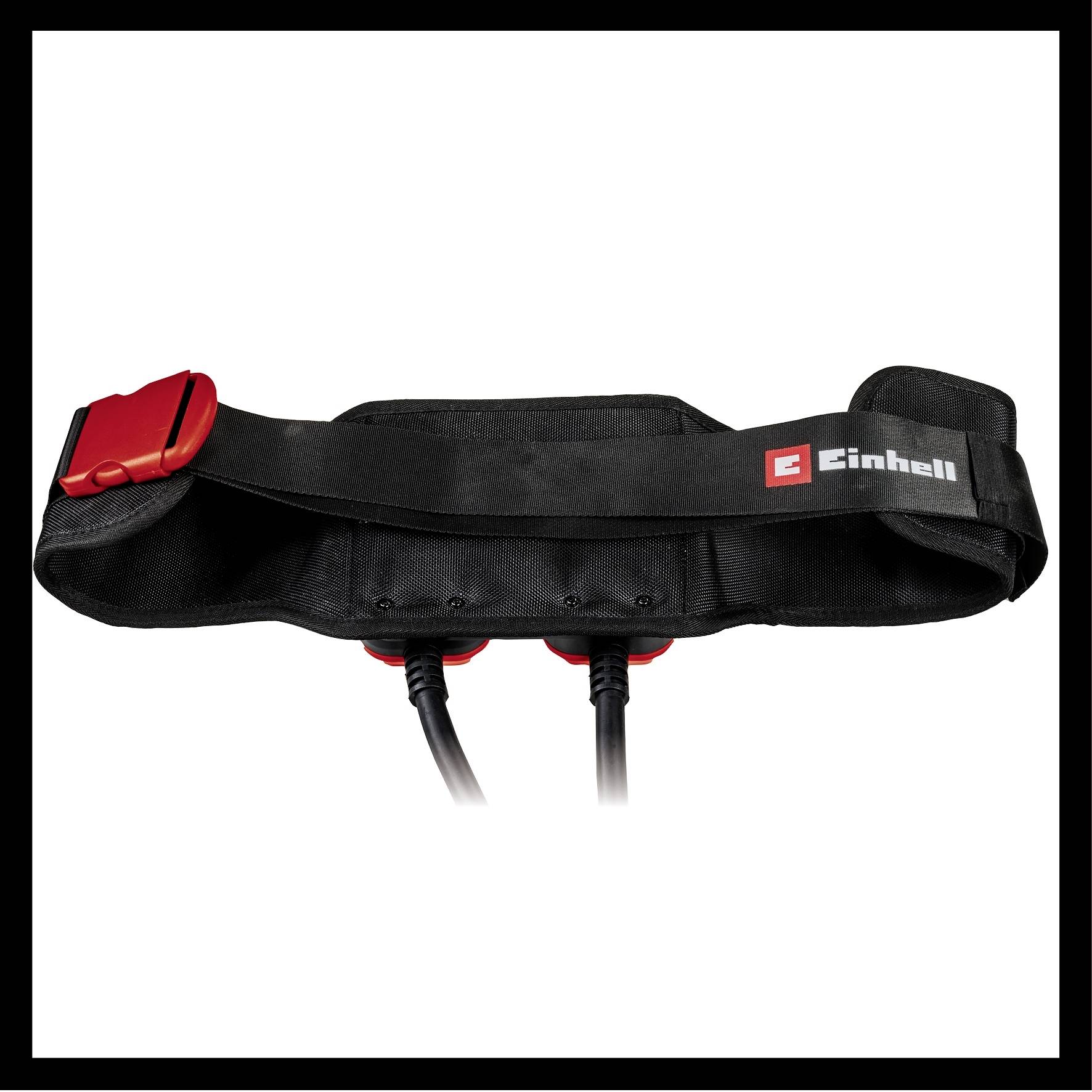 Une ceinture noire avec une boucle rouge et le logo 'Einhell', adaptée pour porter ou fixer des appareils ou des outils.